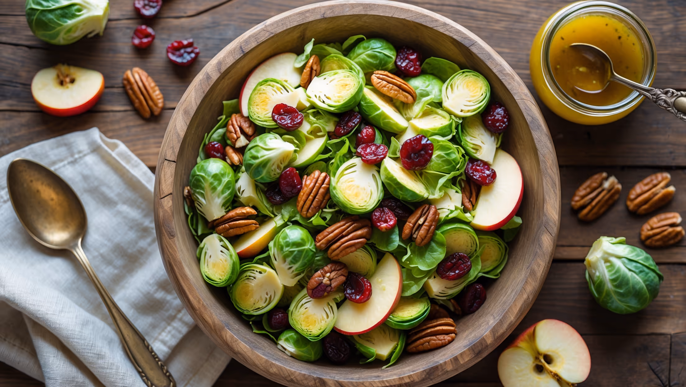 An overhead shot of a rustic wooden serving bowl filled with vibrant green shaved Brussels sprouts interspersed with ruby-red dried cranberries, golden apple slices, and toasted pecans. The salad glistens with a light coating of vinaigrette under soft natural light, highlighting the various textures and colors. A small jar of honey-Dijon dressing sits alongside the bowl, while a vintage serving spoon rests on a linen napkin nearby. A few whole Brussels sprouts and apple slices are artfully scattered on the wooden table, adding context and depth to this fresh, nutritious composition.