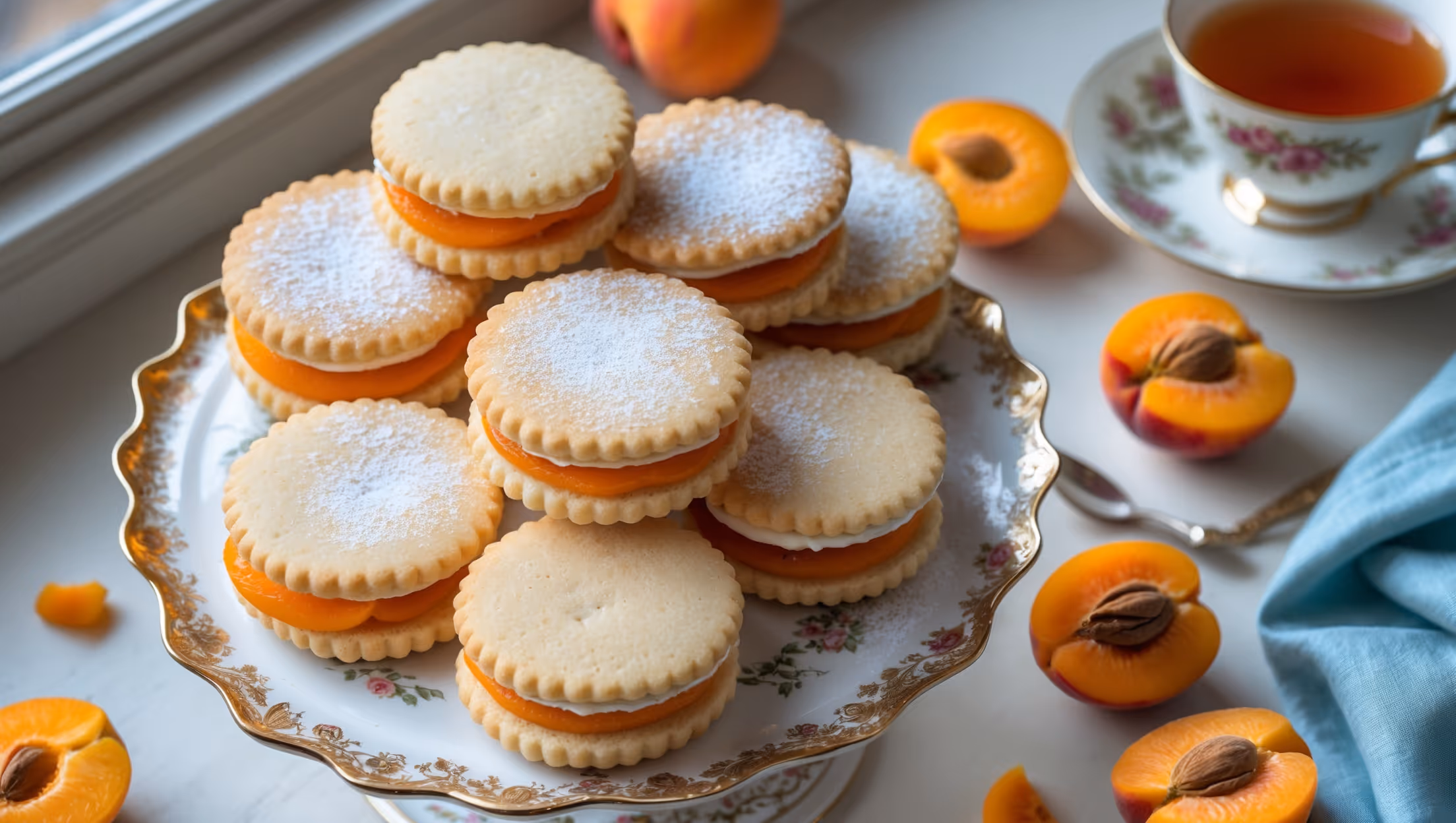 An overhead shot of perfectly assembled apricot tea sandwich cookies arranged in an overlapping pattern on a vintage porcelain cake stand. The cookies have a pale golden edge with a dusting of powdered sugar that catches the soft natural light streaming through a nearby window. A close-up reveals the bright orange apricot filling peeking between the delicate shortbread-like cookies. The scene is styled with a fine bone china teacup filled with Earl Grey tea, fresh apricots cut in half showing their vibrant flesh, and scattered dried apricot pieces adding color contrast against the cream-colored background. A linen napkin in pastel blue and a small silver spoon complete this refined teatime setting.