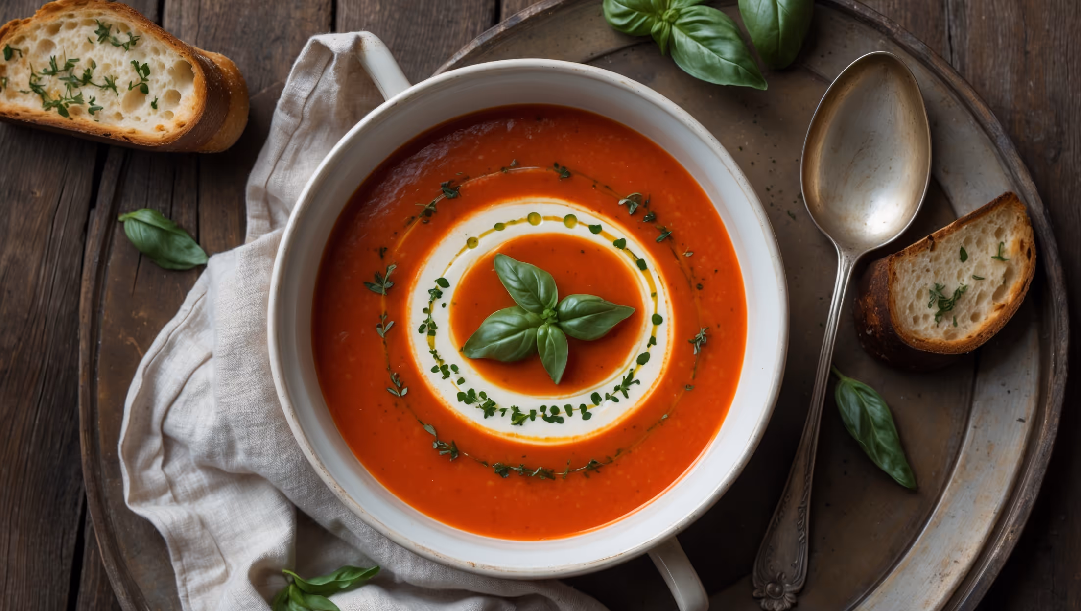 An overhead shot of a deep white ceramic bowl filled with vibrant red tomato soup, steam rising gently from its surface. A swirl of cream creates a decorative pattern across the top, with tiny droplets of herb-infused olive oil catching the soft natural light. Beside the bowl sits a rustic slice of toasted sourdough bread dusted with herbs, and scattered fresh basil leaves provide a verdant color contrast against the soup's rich hue. The setting features a weathered wooden table with a neatly folded linen napkin and vintage silver spoon, creating an inviting, homey atmosphere that highlights the soup's comforting appeal.