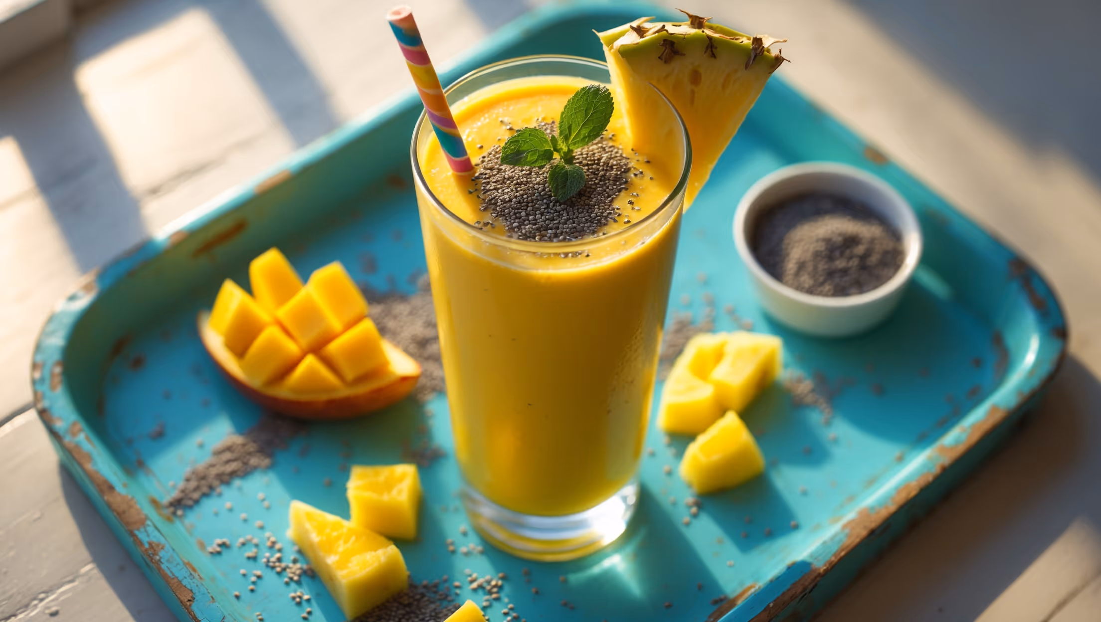 An overhead shot of a tall, clear glass filled with a vibrant sunshine-yellow smoothie, garnished with a sprinkle of chia seeds, a pineapple wedge, and a small mint sprig. The glass sits on a weathered turquoise wooden tray alongside scattered fresh mango chunks and pineapple pieces. Soft morning light streams through the window, highlighting the smoothie's silky texture and creating beautiful shadows across the scene. A colorful paper straw stands in the glass, and a small ramekin of additional chia seeds sits nearby, emphasizing the smoothie's healthy credentials.