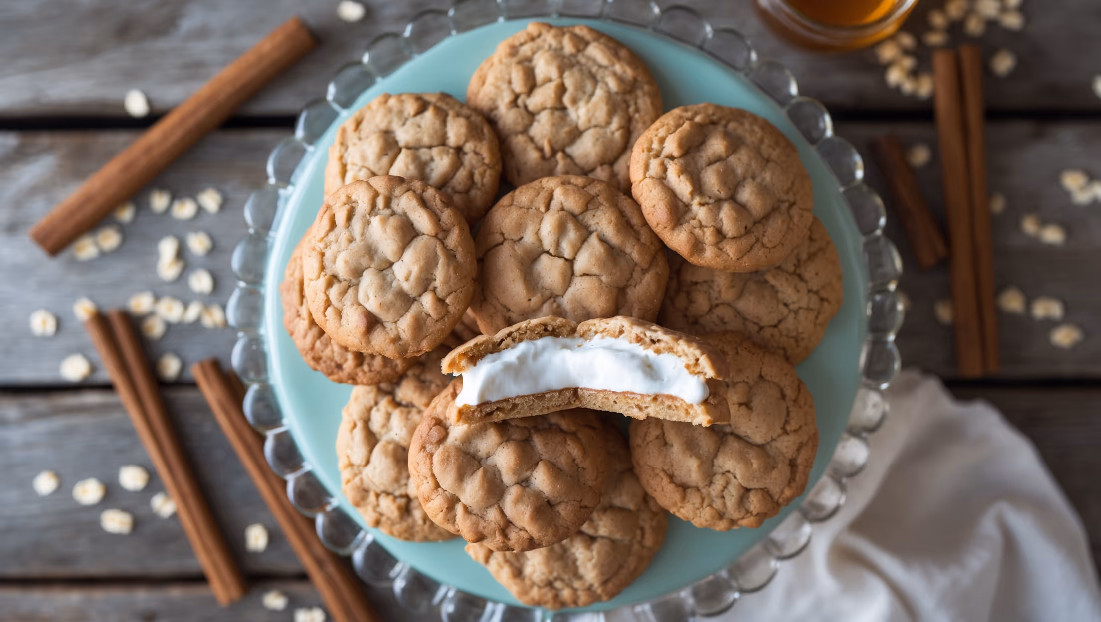 An overhead shot of perfectly round oatmeal cream pie cookies arranged in a casual stack on a vintage milk-glass cake stand, with one cookie broken in half to reveal the thick, pillowy marshmallow cream filling. The soft natural light highlights the chewy, textured oatmeal cookies with their slightly crisp edges, while the creamy filling catches the light with its smooth, glossy appearance. Scattered around the base are cinnamon sticks, a few rolled oats, and a small jar of honey, all set against a weathered wooden table that adds rustic warmth to the nostalgic homemade treats.