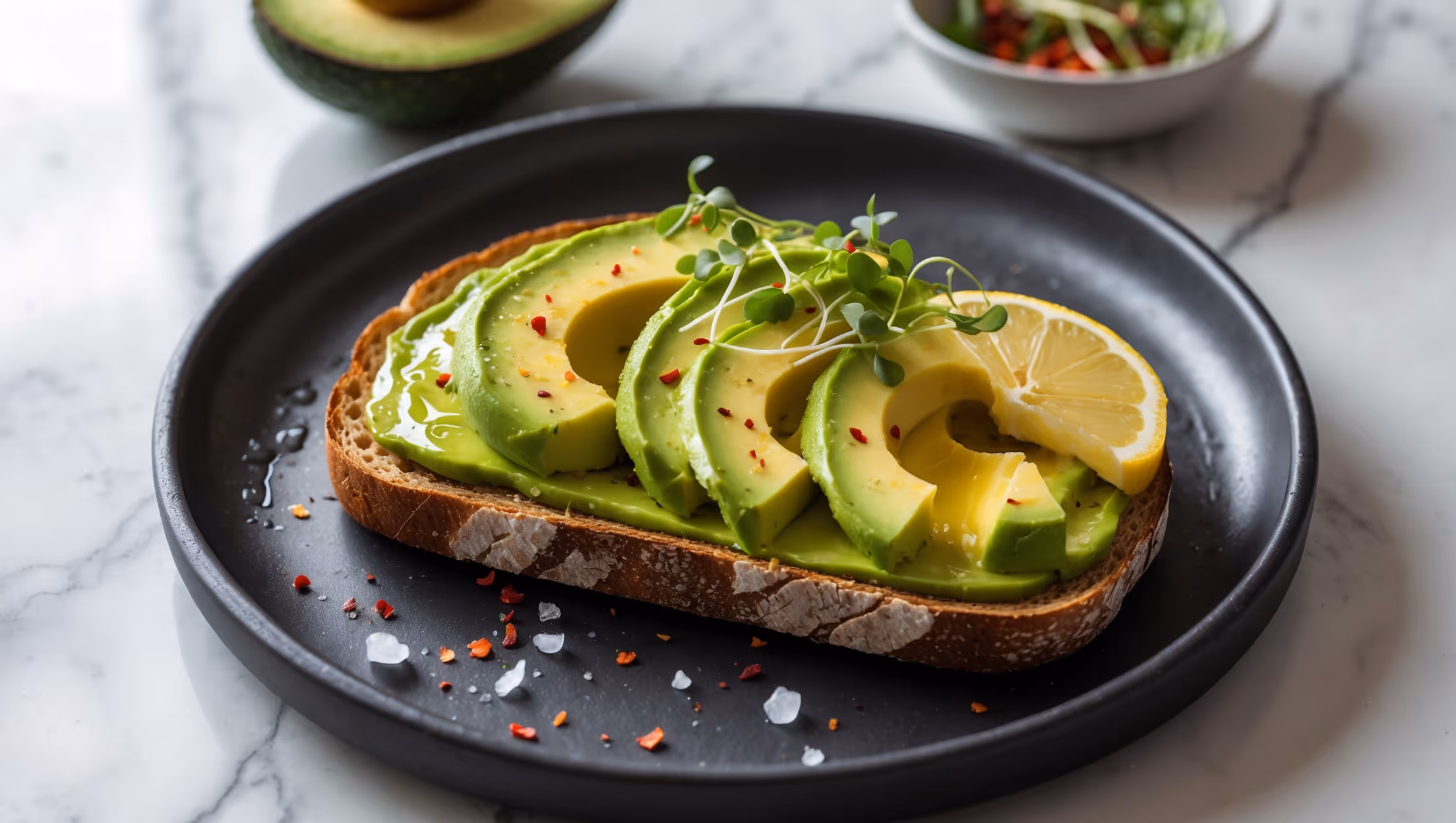 An overhead shot of vibrant green avocado toast on rustic sourdough bread, captured in bright natural lighting that highlights the velvety texture of the perfectly ripened avocado. The toast rests on a matte black ceramic plate against a light marble countertop, garnished with red pepper flakes, microgreens, and a wedge of lemon. Tiny droplets of olive oil glisten on the surface, while a scatter of flaky sea salt crystals provides texture contrast. In the background, slightly blurred, sits a halved avocado showing its creamy interior and a small bowl of additional toppings, creating depth and context to this elevated breakfast classic.
