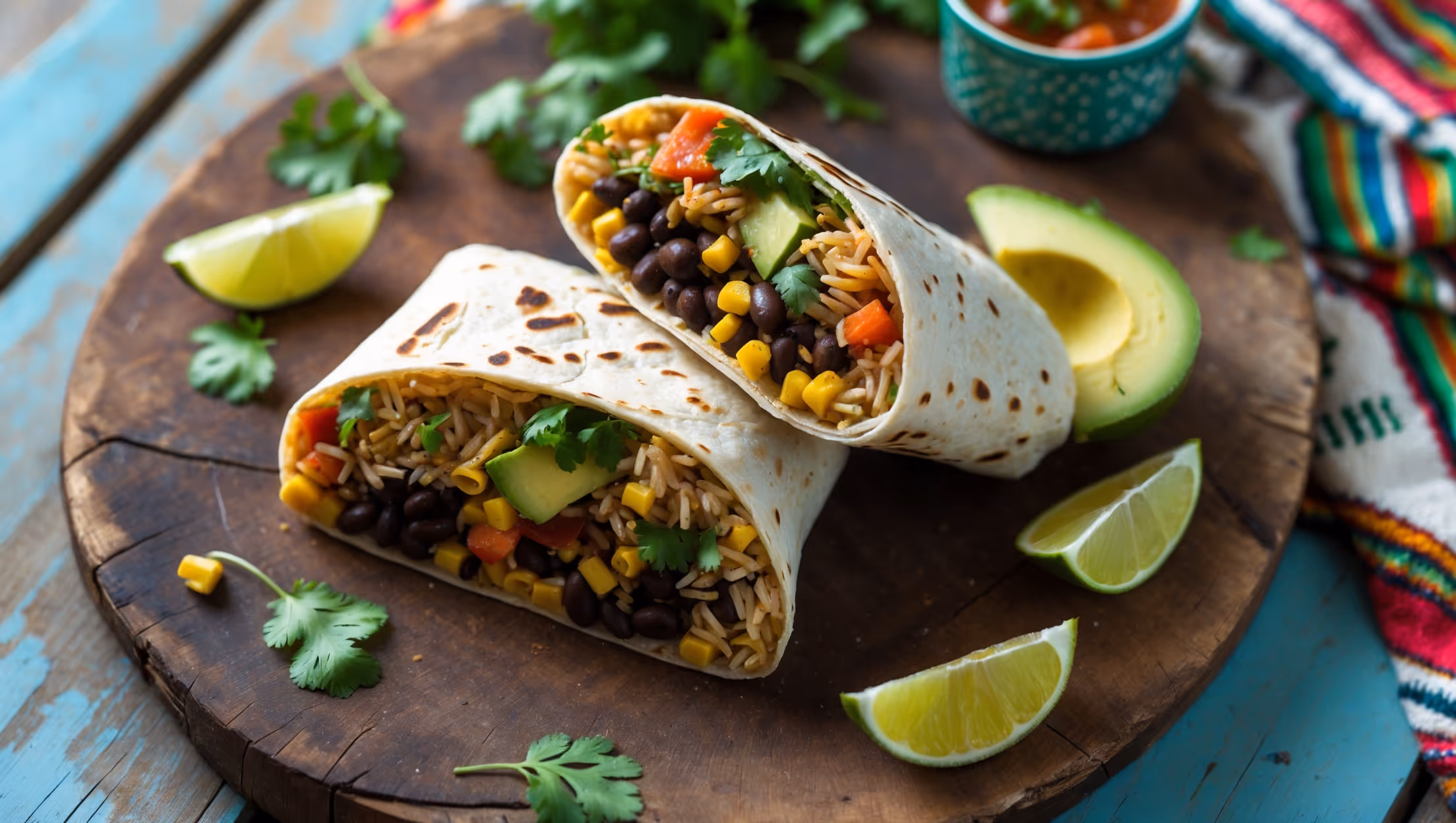 An overhead shot featuring a halved vegan burrito on a rustic wooden board, revealing colorful layers of cilantro-flecked rice, black beans, roasted corn, and vibrant vegetables. The burrito's cross-section displays the perfectly tucked tortilla with golden grill marks, while fresh avocado slices and a small ramekin of salsa sit alongside. Soft natural light highlights the textures of the filling ingredients, with scattered cilantro leaves and lime wedges adding visual interest. A weathered wooden table with Mexican-inspired textiles in the background completes this casual yet appetizing composition.