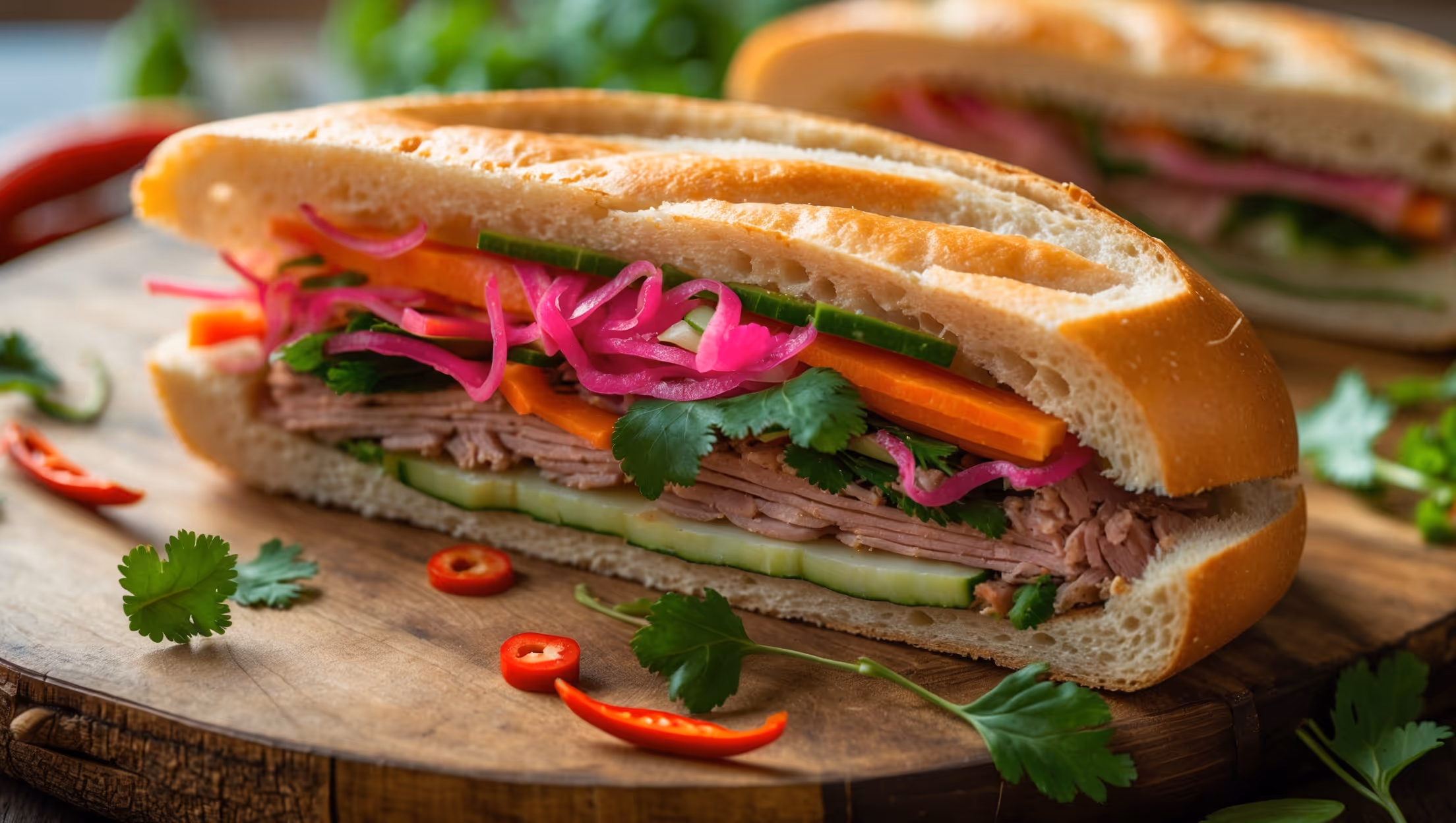 A close-up shot of a halved banh mi sandwich on a rustic bamboo board, showcasing its crusty exterior and vibrant filling layers. Soft natural light highlights the golden-brown crust of the homemade baguette, while the colorful filling—bright pink pickled daikon and carrot, deep green cilantro sprigs, and savory pork—creates a striking cross-section. Small scattered chili slices and cucumber slivers add visual texture, with a hint of mayonnaise peeking through the layers. A whole sandwich sits partially in frame, revealing its characteristic torpedo shape, while sprigs of fresh herbs and sliced chilies are artfully scattered around the board to emphasize the Vietnamese culinary influence.