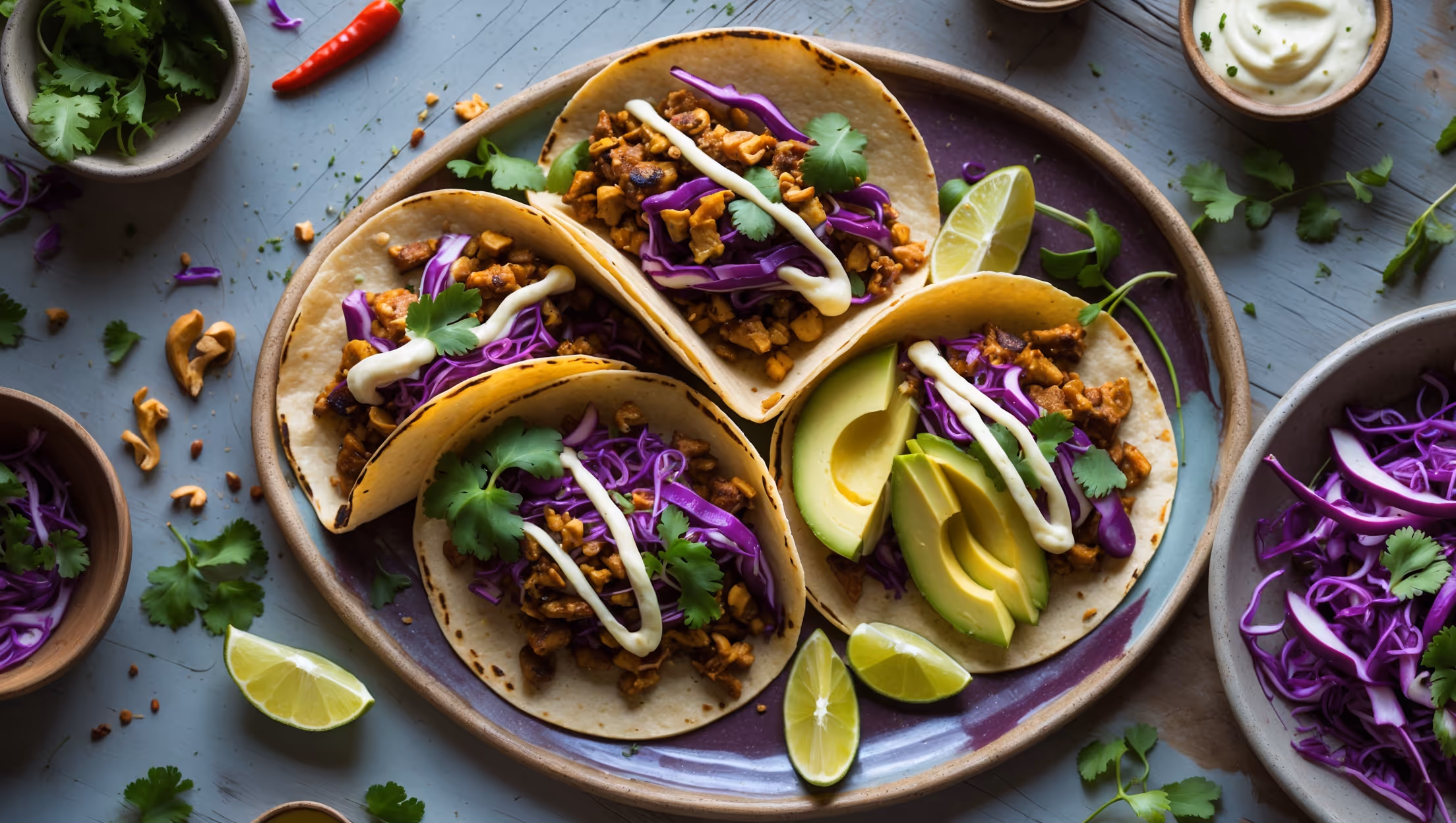 An overhead shot of colorful vegan tacos arranged on a handmade ceramic platter, captured in bright natural light. The soft corn tortillas are slightly charred at the edges, cradling a rich, textured walnut-mushroom filling that glistens with spices. Vibrant purple cabbage slaw creates striking contrast against the creamy slices of avocado and bright green cilantro sprigs. Lime wedges are scattered throughout, with a light drizzle of cashew crema zigzagging across the tacos. The platter sits on a rustic wooden table alongside small bowls of additional toppings and a scattered handful of fresh chilies, creating an inviting Mexican-inspired feast.