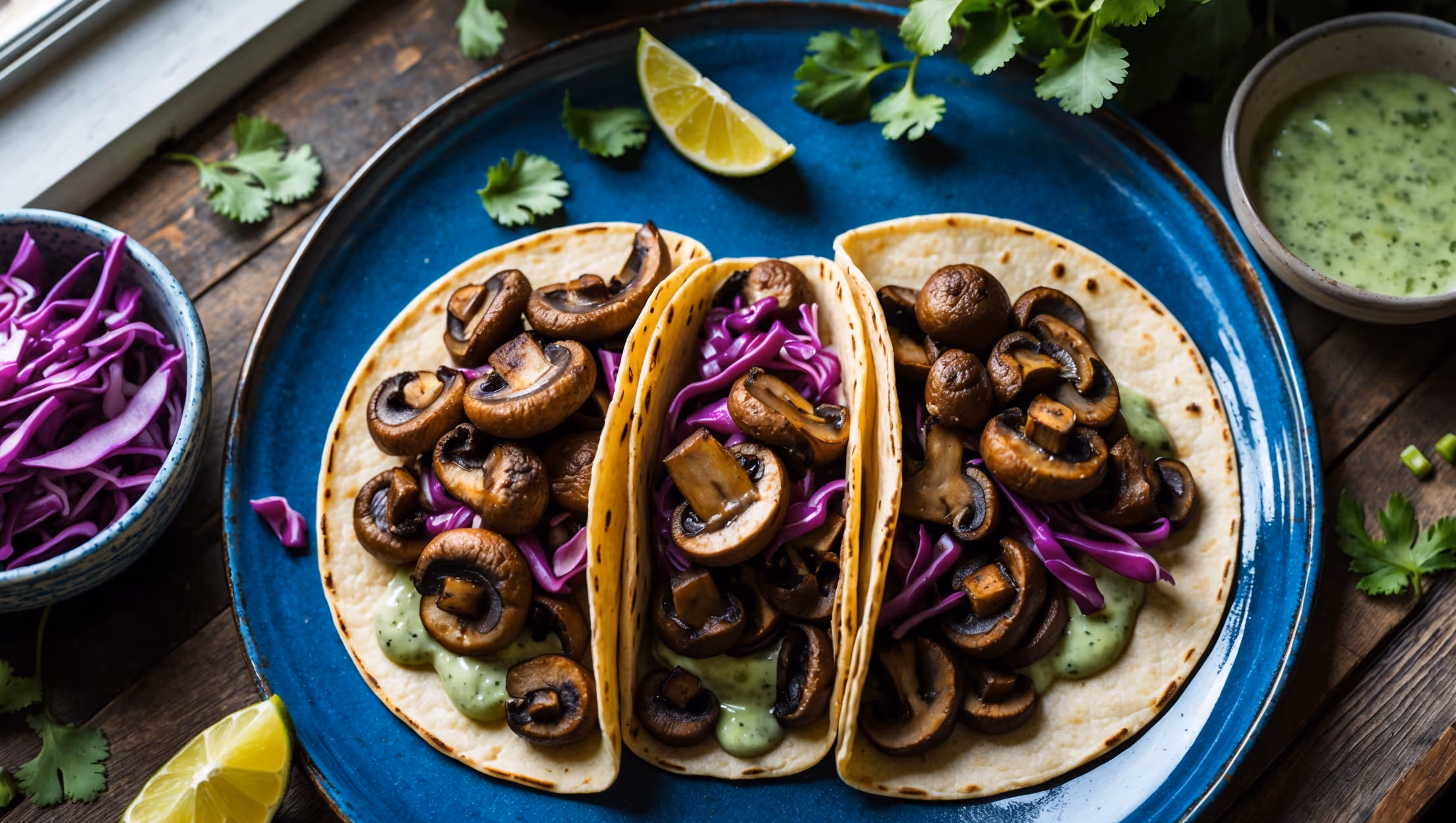 An overhead shot of three mushroom tacos arranged on a rustic blue ceramic plate, each tortilla overflowing with caramelized, meaty mushroom pieces glistening with marinade. A cross-section view reveals layers of golden-brown mushrooms, vibrant red cabbage slaw, and creamy lime-flecked sauce. Natural window light highlights the contrast between the warm corn tortillas and the deep umami tones of the mushrooms. In the background, scattered cilantro leaves, lime wedges, and a small bowl of bright salsa verde add pops of green, while a weathered wooden table adds rustic charm to this plant-based feast.