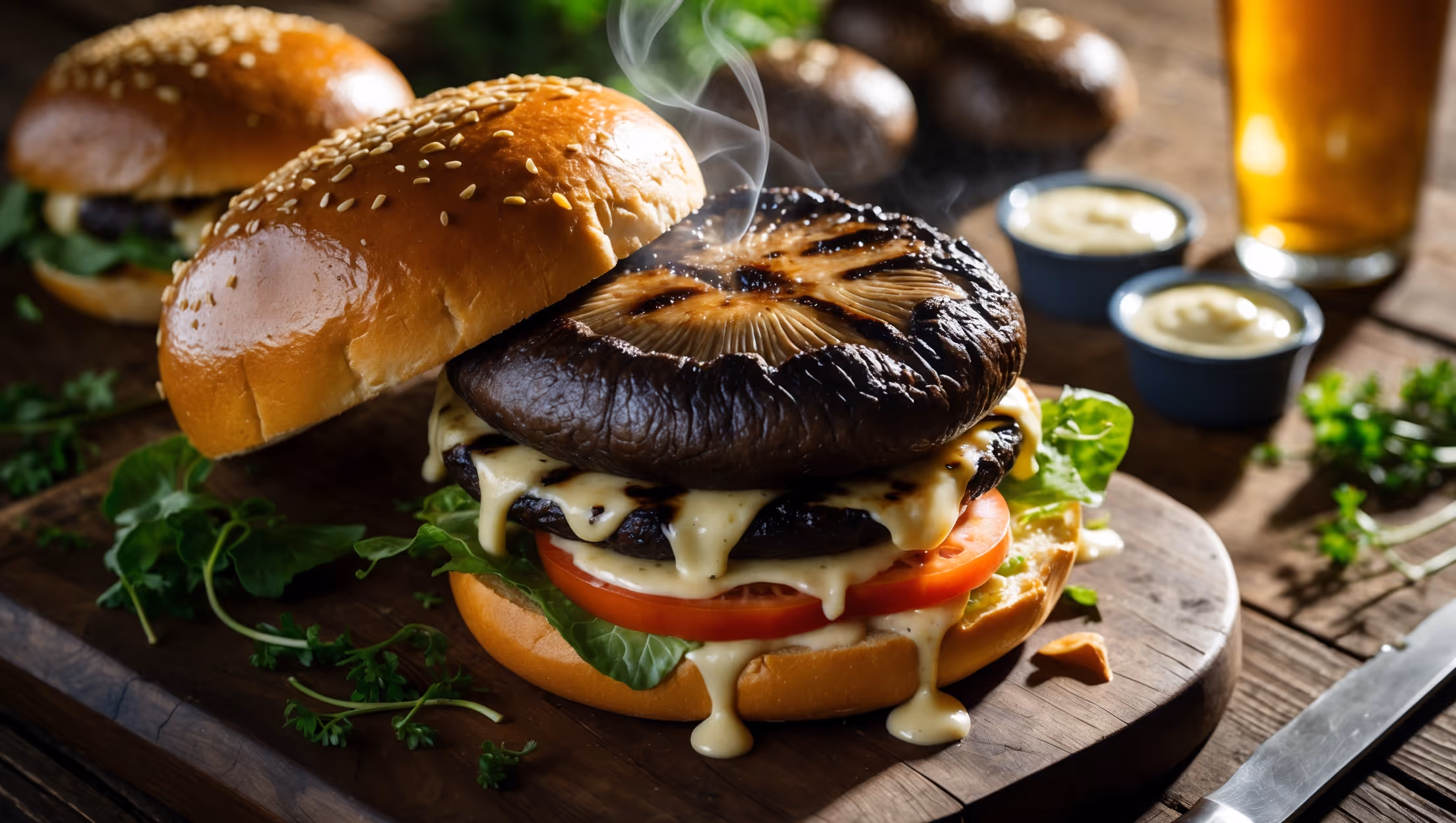 An overhead shot captures a towering portobello mushroom burger on a rustic wooden serving board, bathed in warm afternoon light. The glossy homemade brioche bun reveals its golden-brown dome with scattered sesame seeds catching the light. A cross-section view exposes layers of the marinated, juicy portobello cap with charred grill marks, melted cheese dripping down the sides, crisp lettuce, sliced tomato, and creamy aioli. In the background, a scattered arrangement of fresh herbs, whole portobellos, and small ramekins of aioli create depth, while a cold craft beer slightly out of focus suggests the perfect pairing. Steam gently rises from the freshly grilled mushroom, highlighting its juicy, meaty texture.
