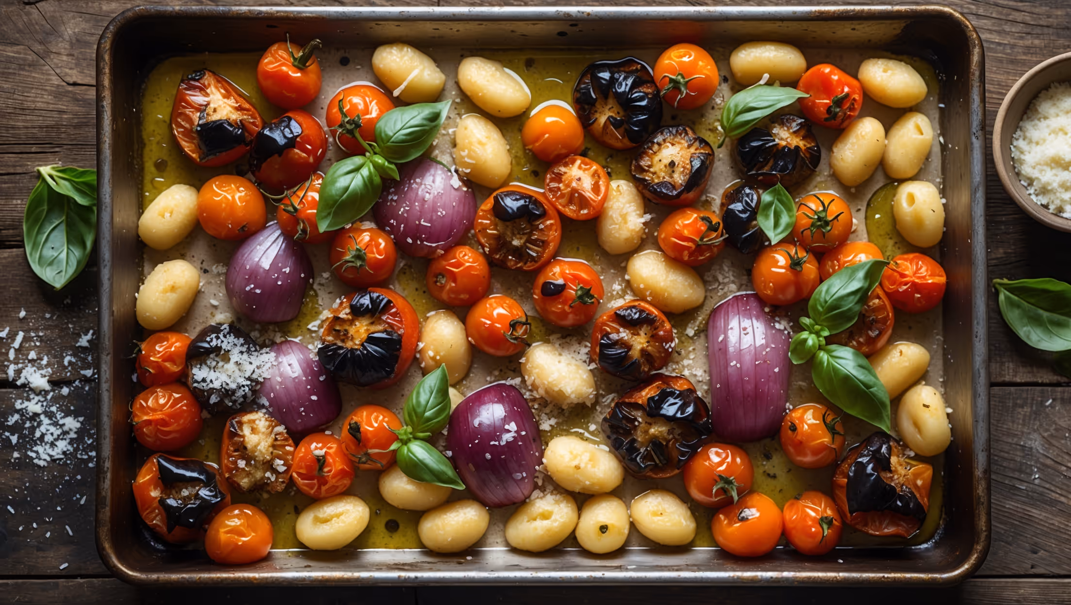 An overhead shot of a rustic metal sheet pan filled with golden-brown gnocchi, charred cherry tomatoes bursting with juices, and vibrant roasted bell peppers. The vegetables display caramelized edges, while purple red onion pieces add striking color contrast. A generous sprinkle of freshly grated Parmesan creates melty pockets across the surface, and scattered fresh basil leaves provide bright green accents. Olive oil glistens on the components in soft natural light, highlighting the perfect roasted texture. The sheet pan sits on a weathered wooden table with scattered herbs and a small bowl of additional Parmesan nearby, embodying casual, accessible home cooking.