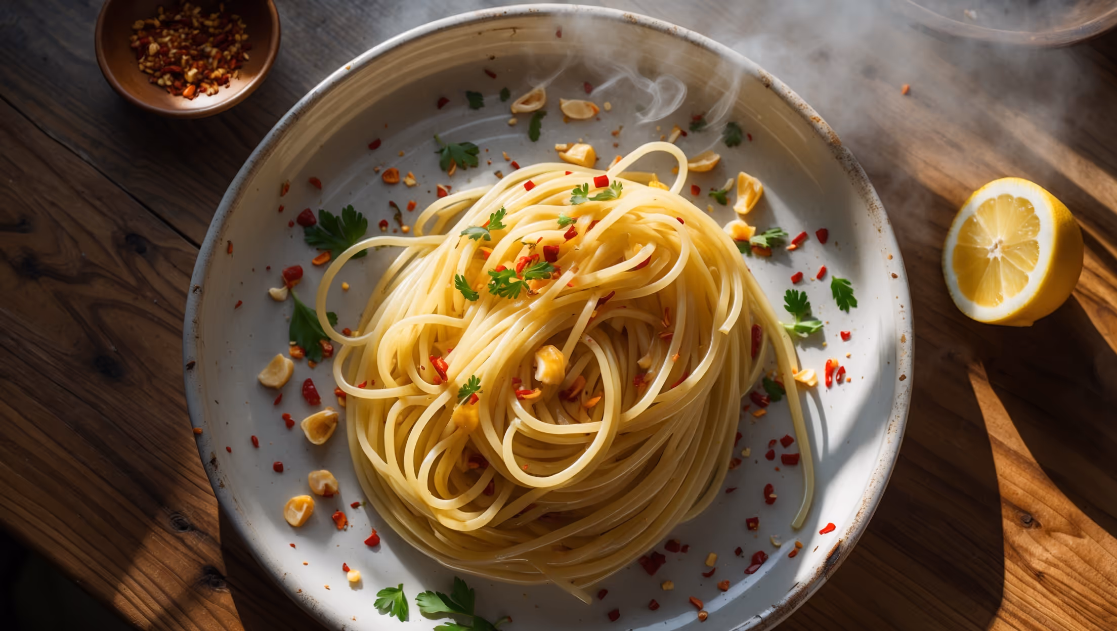 An overhead shot of glossy spaghetti strands elegantly twirled on a rustic white ceramic plate, glistening with extra virgin olive oil. Golden-brown slivers of toasted garlic and vibrant red chili flakes are scattered throughout, with bright green flecks of freshly chopped parsley adding visual contrast. Soft natural light streams in from a nearby window, highlighting the individual strands and creating gentle shadows. A wooden table beneath adds warmth, while a small bowl of additional chili flakes and a half-cut lemon rest nearby. Steam rises gently, suggesting the dish is freshly prepared and ready to enjoy.