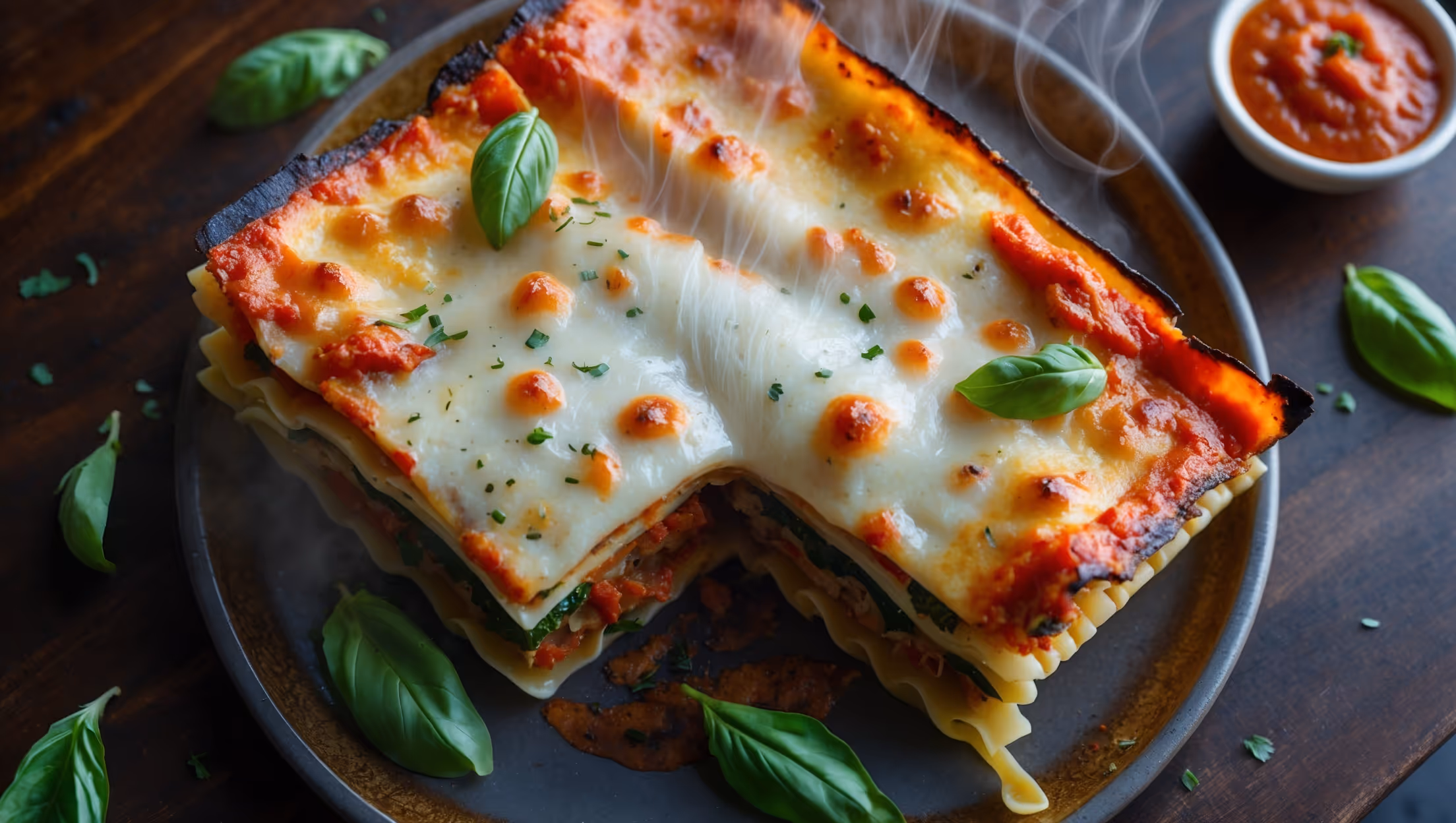 An overhead shot of the vegetarian lasagna showcasing its golden-brown, bubbling cheese top with slightly crisp edges. A cross-section reveals distinct colorful layers - pasta sheets separating vibrant tomato sauce with roasted vegetables, creamy white béchamel, and melted cheese. The piece is plated on a rustic ceramic dish against a dark wooden table, with fresh basil leaves scattered around and a small bowl of extra tomato sauce nearby. Soft natural light highlights the steam rising from the freshly cut piece, emphasizing the melted cheese stretching as it's served.