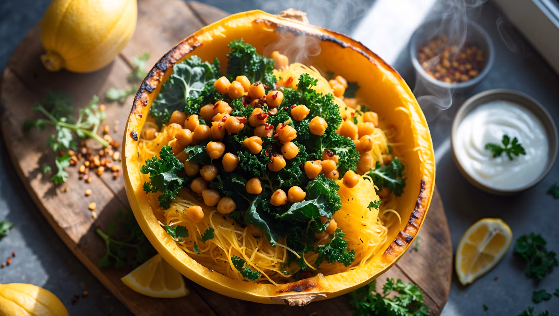 An overhead shot of a halved spaghetti squash bowl filled with golden strands tossed with vibrant green kale and caramelized chickpeas, captured in bright natural light streaming through a kitchen window. The dish is garnished with a sprinkle of crushed red pepper flakes, fresh herbs, and a wedge of lemon, all served on a rustic wooden board with scattered herbs and a small bowl of yogurt sauce nearby. The contrast between the bright yellow squash strands, deep green kale, and golden-brown chickpeas showcases the colorful Mediterranean-inspired combination, while steam rises gently, suggesting the dish's warm, comforting nature.