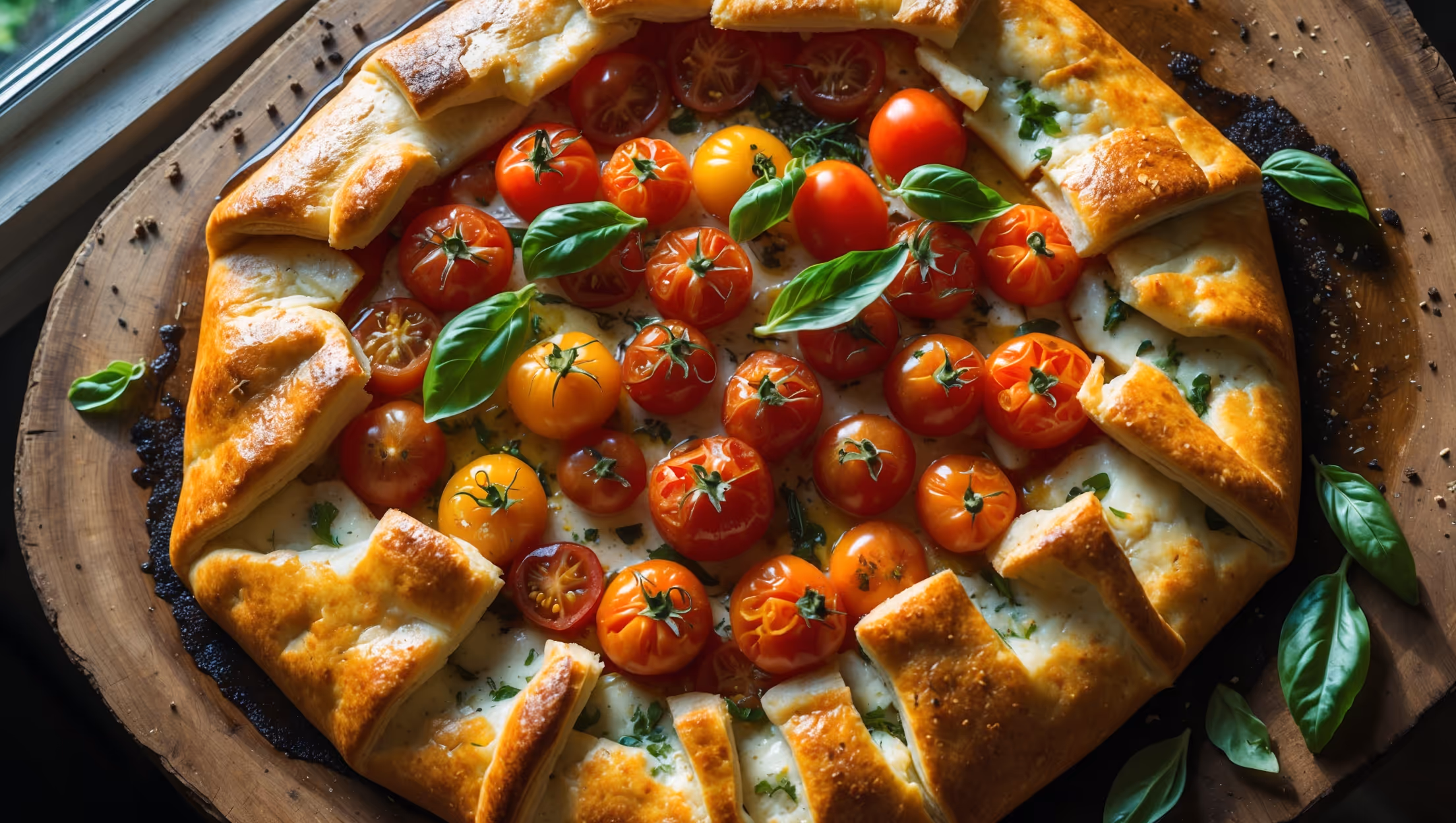 An overhead shot of a golden-brown tomato galette on a rustic wooden board, its crust artfully folded around vibrant concentric circles of multicolored heirloom tomatoes. Soft natural light streams in from a nearby window, highlighting the glistening tomatoes and flecks of fresh herbs scattered across the surface. Melted cheese peeks through the tomatoes, while the edge of the frame reveals scattered fresh basil leaves, cracked black pepper, and a drizzle of olive oil adding glossy highlights. A cross-section view shows the perfectly crisp bottom crust supporting the juicy tomato filling, with steam gently rising from the freshly cut edge.