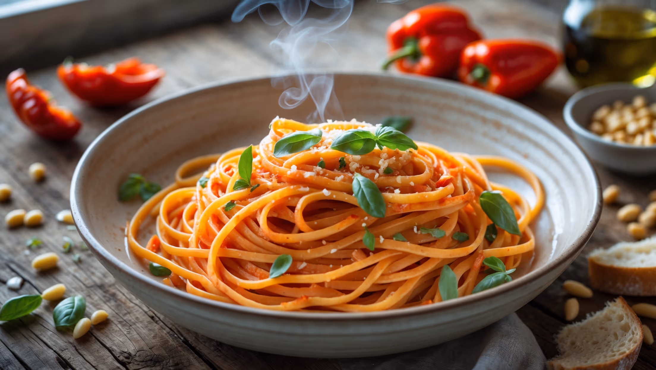 An overhead shot captures a swirled nest of al dente fettuccine coated in a vibrant orange-red sauce, with tendrils of steam rising gently. The pasta is served in a shallow white ceramic bowl placed on a rustic wooden table, bathed in soft natural light from a nearby window. Close-up details reveal flecks of fresh basil and grated Parmesan scattered across the top, creating a vivid color contrast against the sauce. Small droplets of extra virgin olive oil catch the light, creating appetizing highlights. In the background, a partial view of roasted red pepper halves and a small bowl of toasted pine nuts suggest the fresh ingredients that went into this aromatic dish, while a glass of white wine and torn bread complete the inviting Mediterranean-inspired scene.