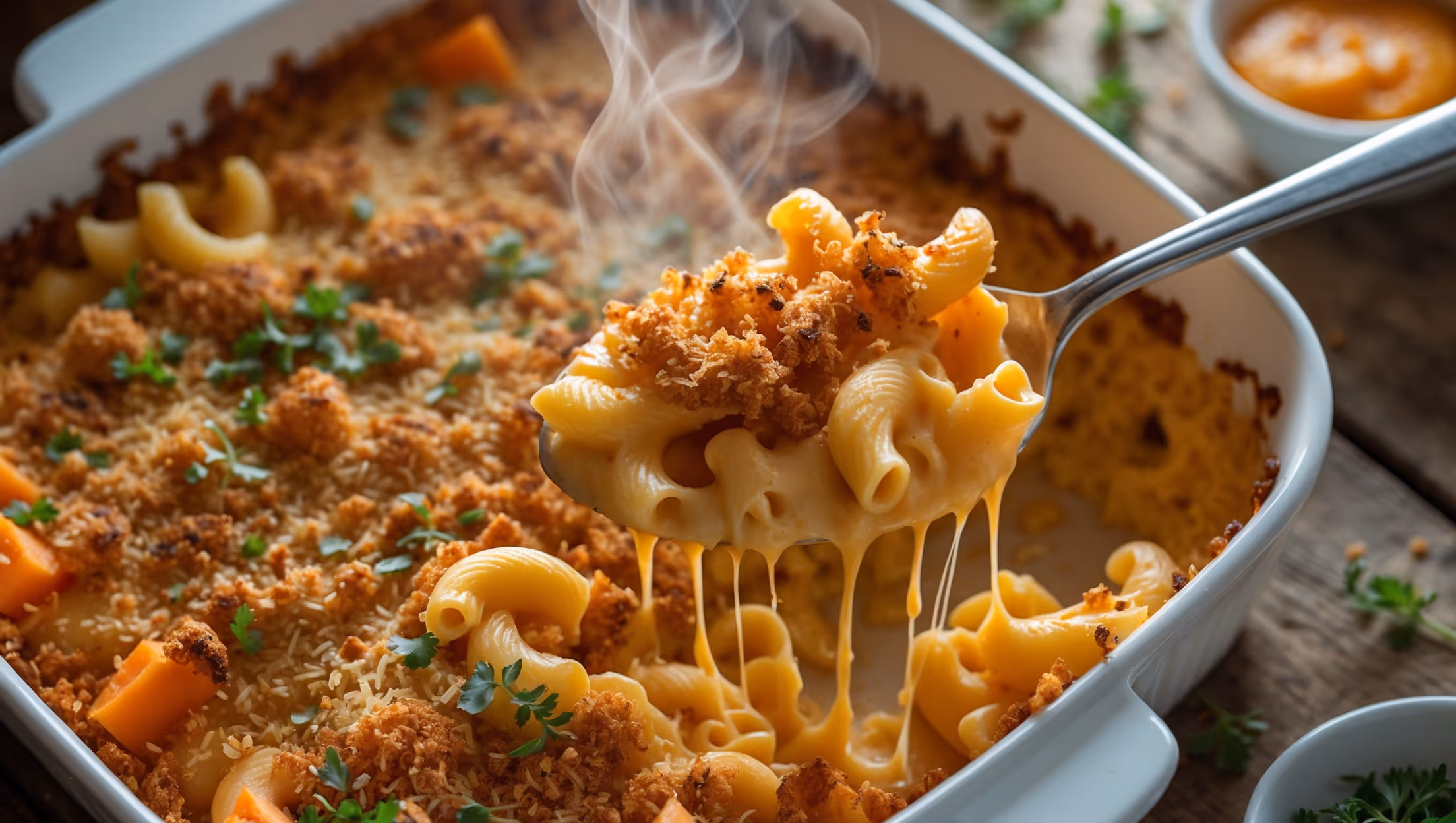An overhead shot of a bubbling casserole dish of vegan mac and cheese fresh from the oven, its surface golden-brown with crispy breadcrumbs. A serving spoon lifts a portion, revealing stretchy, cheese-like sauce clinging to perfectly cooked pasta shells. The rich yellow-orange sauce glistens under soft window light, with flecks of nutritional yeast and black pepper visible. Steam rises gently from the dish, which sits on a rustic wooden table alongside scattered fresh herbs and a small bowl of extra cheese sauce. The contrasting textures of the crunchy topping and creamy interior are highlighted, with the vibrant color signaling the use of butternut squash and carrots in this plant-based comfort food.