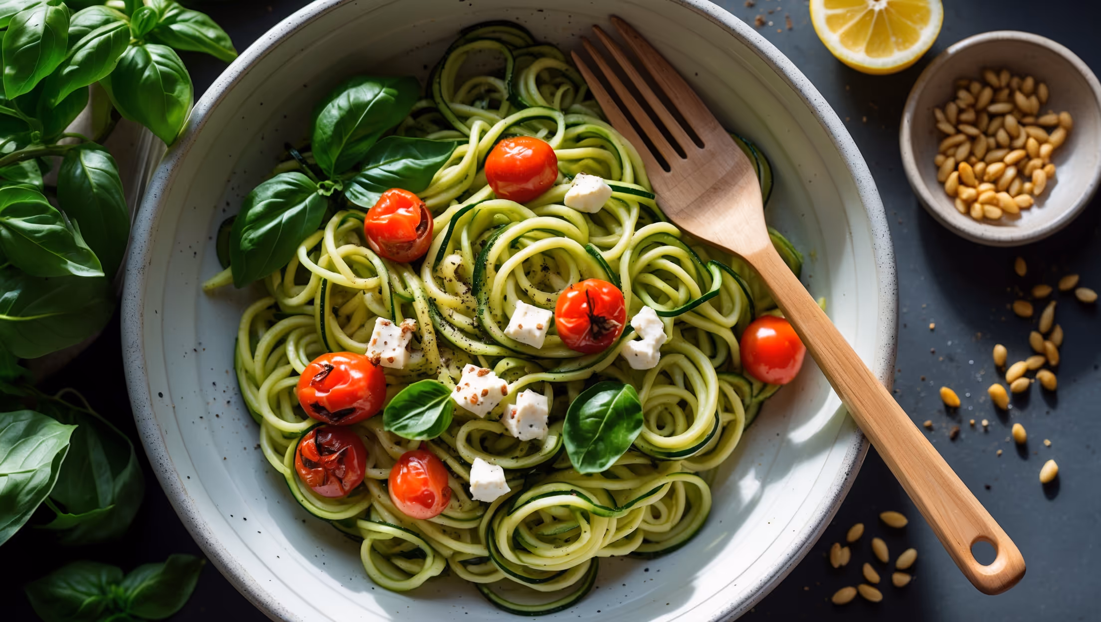 An overhead shot of vibrant green zucchini pasta spirals nestled in a white ceramic pasta bowl, glistening with olive oil under soft natural light. A sprinkling of fresh basil leaves, roasted cherry tomatoes, and crumbled feta creates pops of red and white against the verdant backdrop. A wooden serving fork rests alongside, showing the delicate twirl of the zucchini strands. In the background, a small bowl of toasted pine nuts and a halved lemon suggest the fresh, Mediterranean-inspired flavors, while a subtle dusting of cracked black pepper and red chili flakes adds textural dimension to the composition.