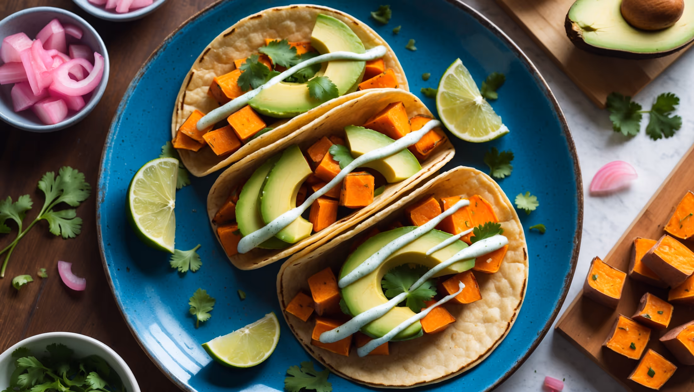 An overhead shot of three Avocado Sweet Potato Tacos arranged on a rustic blue ceramic plate, scattered with fresh cilantro and lime wedges. The crisp golden taco shells reveal vibrant orange cubes of caramelized sweet potato nestled against creamy slices of ripe avocado. A drizzle of lime-infused crema creates artistic white lines across the filling. Natural light streams across the scene, highlighting the contrasting textures and colors. In the background, small bowls of pink pickled onions and diced jalapeños provide pops of color, while a wooden cutting board holds additional avocado halves and roasted sweet potato chunks to showcase the key ingredients.