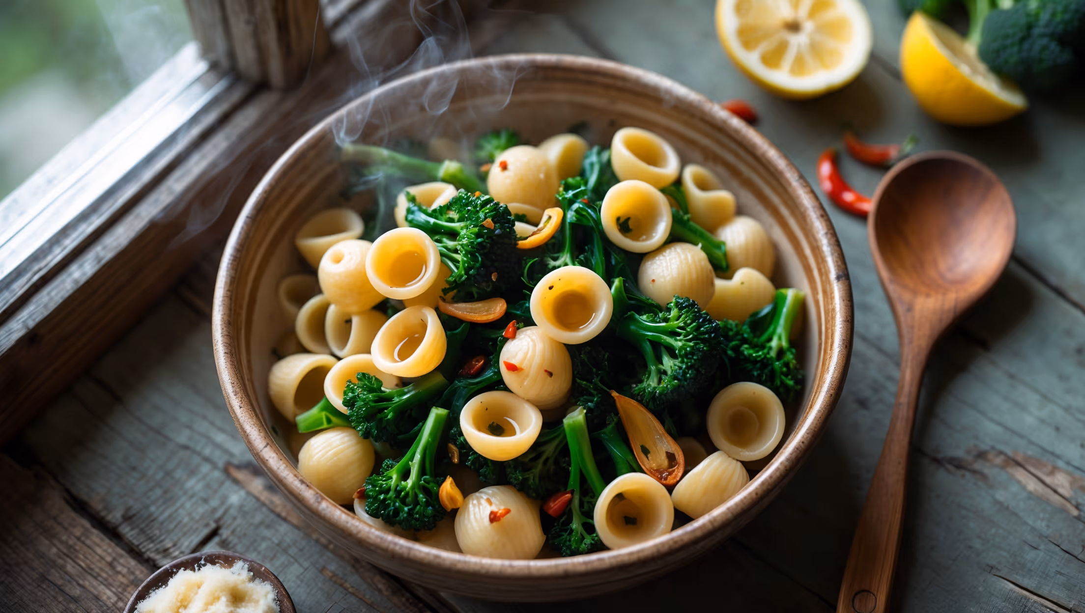 An overhead shot of a rustic ceramic bowl filled with ear-shaped orecchiette pasta tossed with vibrant green broccoli rabe, captured in soft natural light streaming through a kitchen window. The pasta glistens with high-quality olive oil, while scattered red pepper flakes provide striking color contrast against the pasta's pale surface. Thin slices of golden garlic are visible throughout, with some pieces caramelized to perfection. A wooden serving spoon rests alongside the bowl on a weathered wooden table, with a small bowl of grated Pecorino Romano and a half-cut lemon in the background, suggesting final fresh touches. Steam rises gently from the pasta, indicating it's freshly prepared and ready to enjoy.