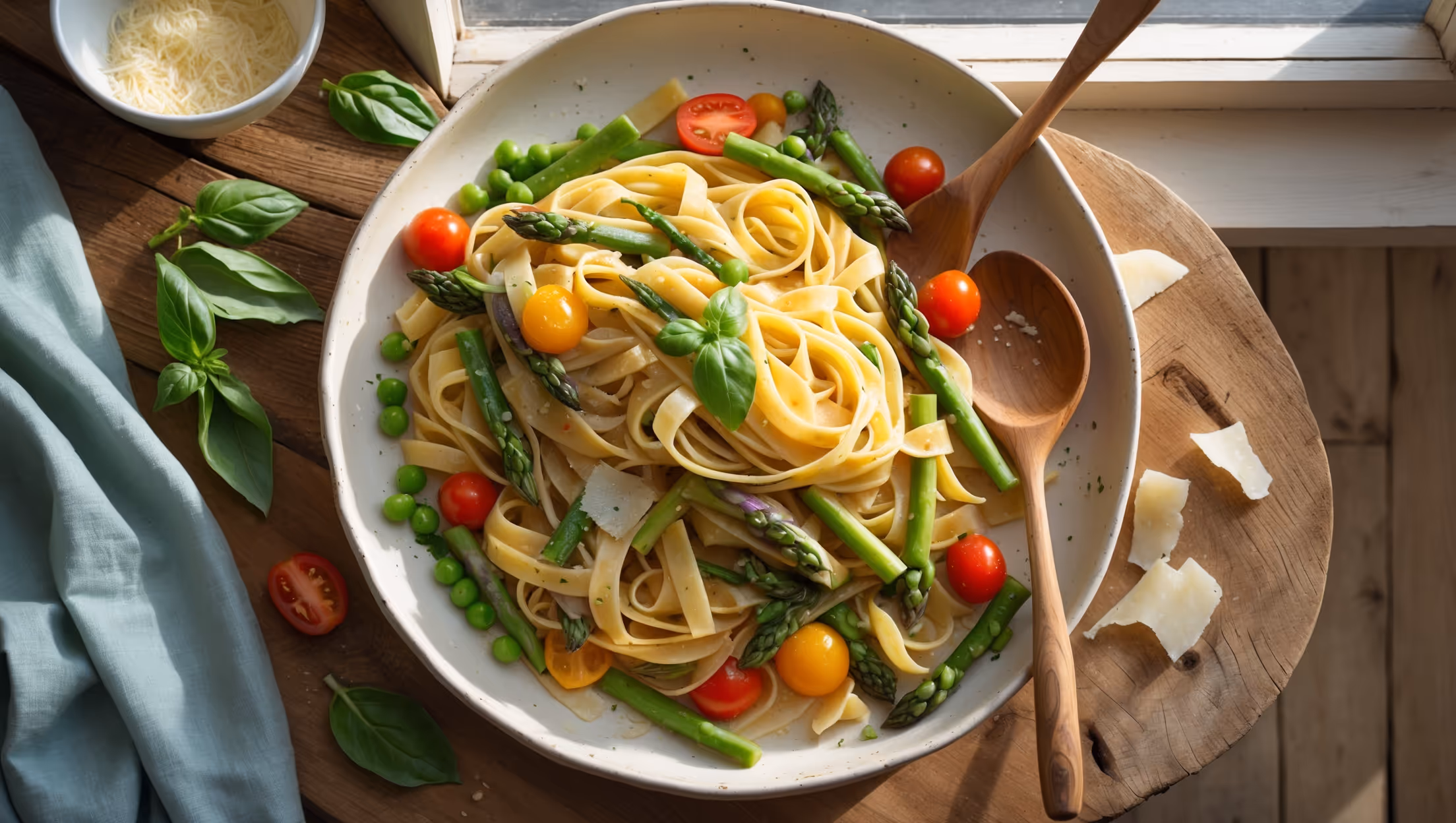 An overhead shot of Pasta Primavera served on a large white ceramic platter, where twisted fettuccine glistens with a light coating of garlic-infused olive oil. The pasta is beautifully tangled with brightly colored vegetables—yellow zucchini strips, vibrant green asparagus tips, red cherry tomato halves, and tender peas—all catching the soft natural daylight streaming through a kitchen window. Fresh basil leaves and shavings of Parmesan are scattered throughout, adding pops of color and texture. A small bowl of additional grated cheese sits alongside, with a wooden serving spoon resting on the platter's edge, ready for serving. The scene is set on a rustic wooden table with a light blue linen napkin adding a gentle color contrast.