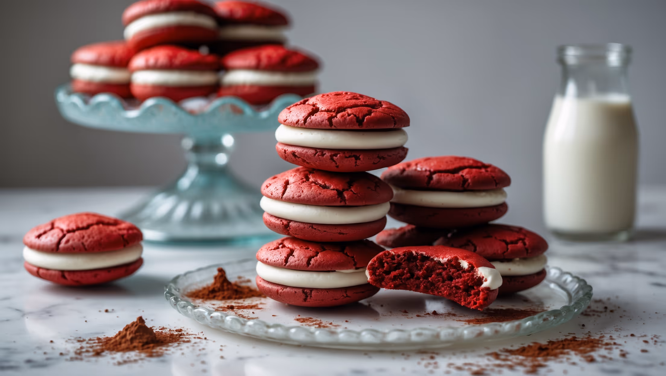 A stacked arrangement of bright red velvet whoopie pies on a vintage milk glass cake stand, with one cookie broken open to reveal the generous cream cheese filling. The soft natural lighting highlights the contrast between the vibrant red cake exterior and the pure white filling seeping slightly at the edges. Scattered cocoa powder and a few cream cheese smears decorate the white marble surface beneath, while a small glass bottle of milk sits blurred in the background. The cookies' slightly crackled tops catch the light, emphasizing their soft, cake-like texture against the smooth, pillowy filling.