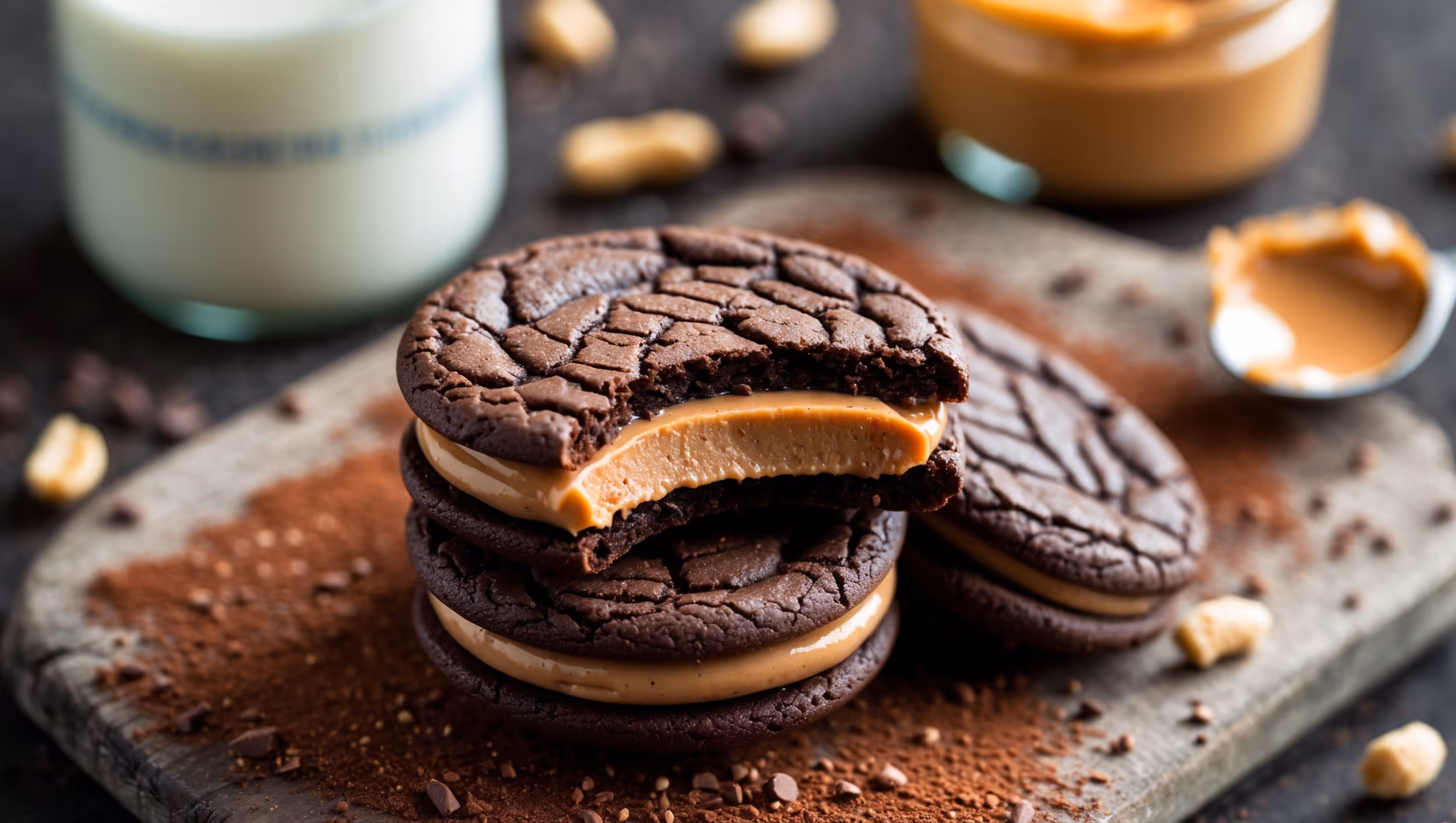 An overhead shot captures a stack of three chocolate sandwich cookies, with one broken in half to reveal the thick, luscious peanut butter filling oozing slightly at the edges. The cookies rest on a rustic wooden board scattered with cocoa powder and a few peanuts, while soft natural light accentuates the crackly texture of the dark chocolate cookies and the creamy beige filling. In the background, a vintage milk bottle and a small jar of peanut butter sit slightly blurred, while the foreground showcases the cookies' detailed texture—slightly crisp edges with soft, fudgy centers, and the smooth peanut butter filling that evokes the classic candy cups.