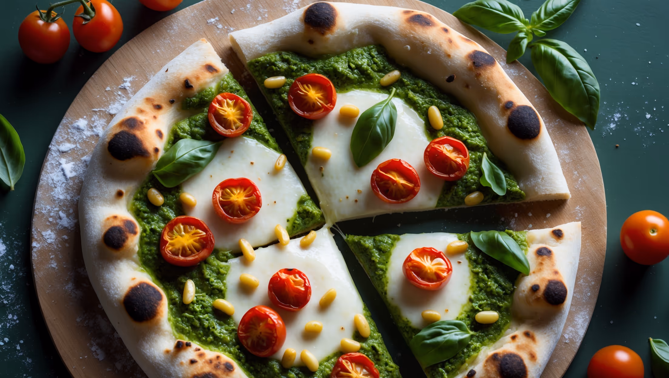 An overhead shot of the rustic Pesto Pizza, showcasing its perfectly baked crust with a slight char around the edges. In soft natural light, the vibrant green pesto base glistens under pools of melted mozzarella that stretch as a slice is being pulled away. Halved cherry tomatoes roasted to sweet intensity add bursts of red against the green backdrop, while small basil leaves scattered on top appear fresh and aromatic. Pine nuts toast to golden perfection, adding texture contrast. The pizza rests on a wooden paddle dusted with flour, with a few basil leaves and whole cherry tomatoes artfully arranged beside it, creating a casual yet sophisticated Italian dining scene.