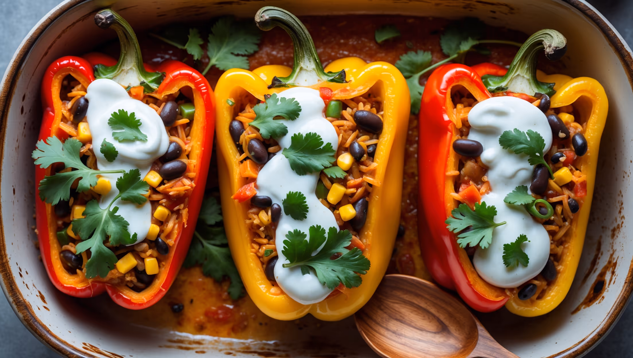Overhead view of vibrant red, yellow, and orange bell peppers standing upright on a rustic ceramic baking dish, each overflowing with a colorful rice filling specked with corn, black beans, and melted cheese. The peppers glisten under soft natural light, their edges slightly charred and caramelized, while fresh cilantro leaves are scattered across the top adding bright green contrast. A drizzle of sour cream creates artistic white swirls against the rich tomato-tinged filling, with a wooden serving spoon resting alongside, ready to scoop up the fragrant, steaming contents.