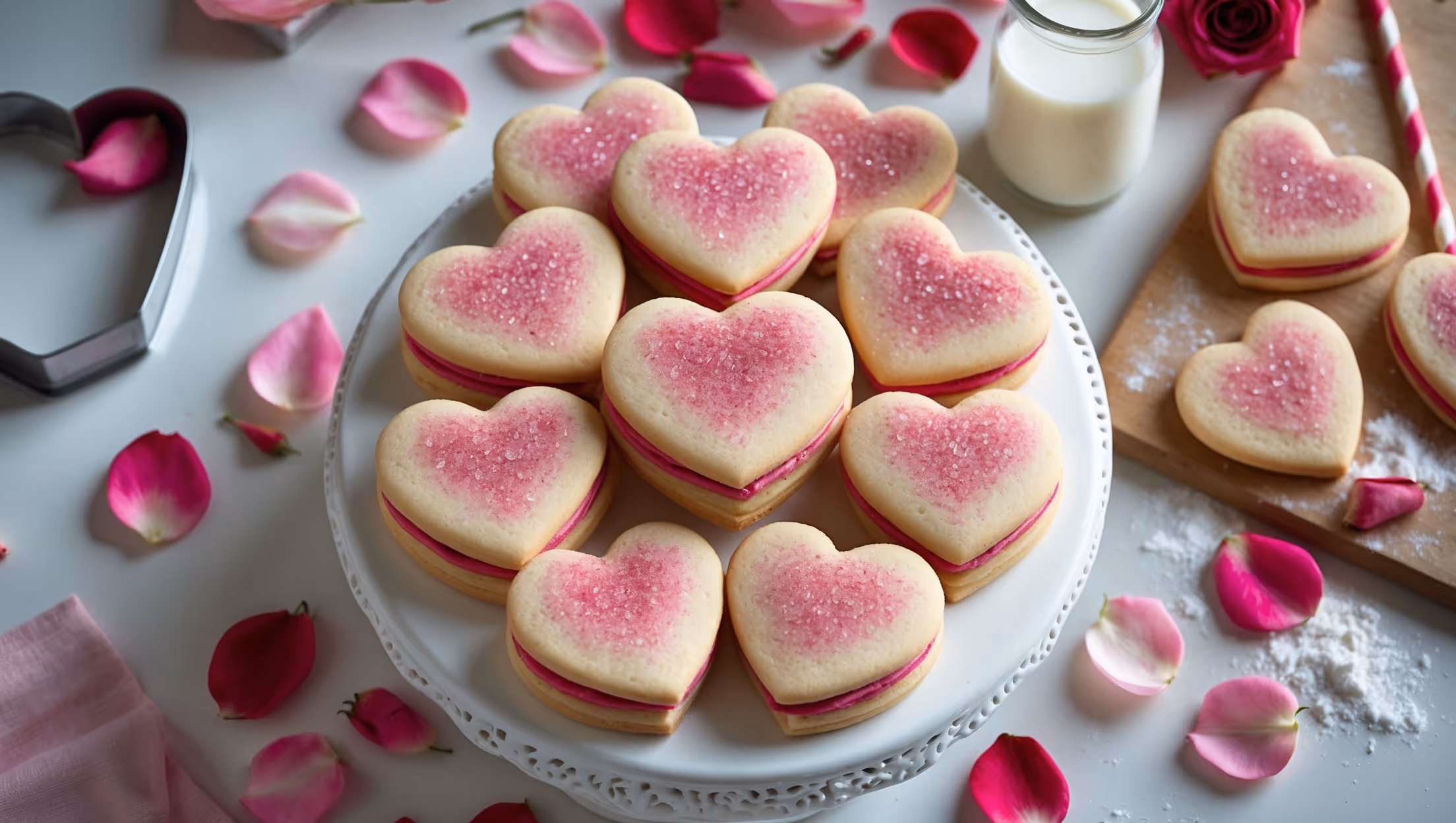 An overhead shot of heart-shaped pink sandwich cookies arranged in a circular pattern on a white ceramic cake stand, with a few cookies stacked to showcase the vibrant pink filling between the pale golden cookies. The scene is bathed in soft, diffused natural light that highlights the delicate sugar crystals sparkling on top of some cookies. Several loose rose petals in varying shades of pink are scattered artfully around the display, while a small glass bottle of milk with a striped paper straw sits to one side. A cutting board with cookie cutters and a light dusting of flour creates a rustic baking atmosphere, emphasizing the homemade charm of these Valentine's Day treats.