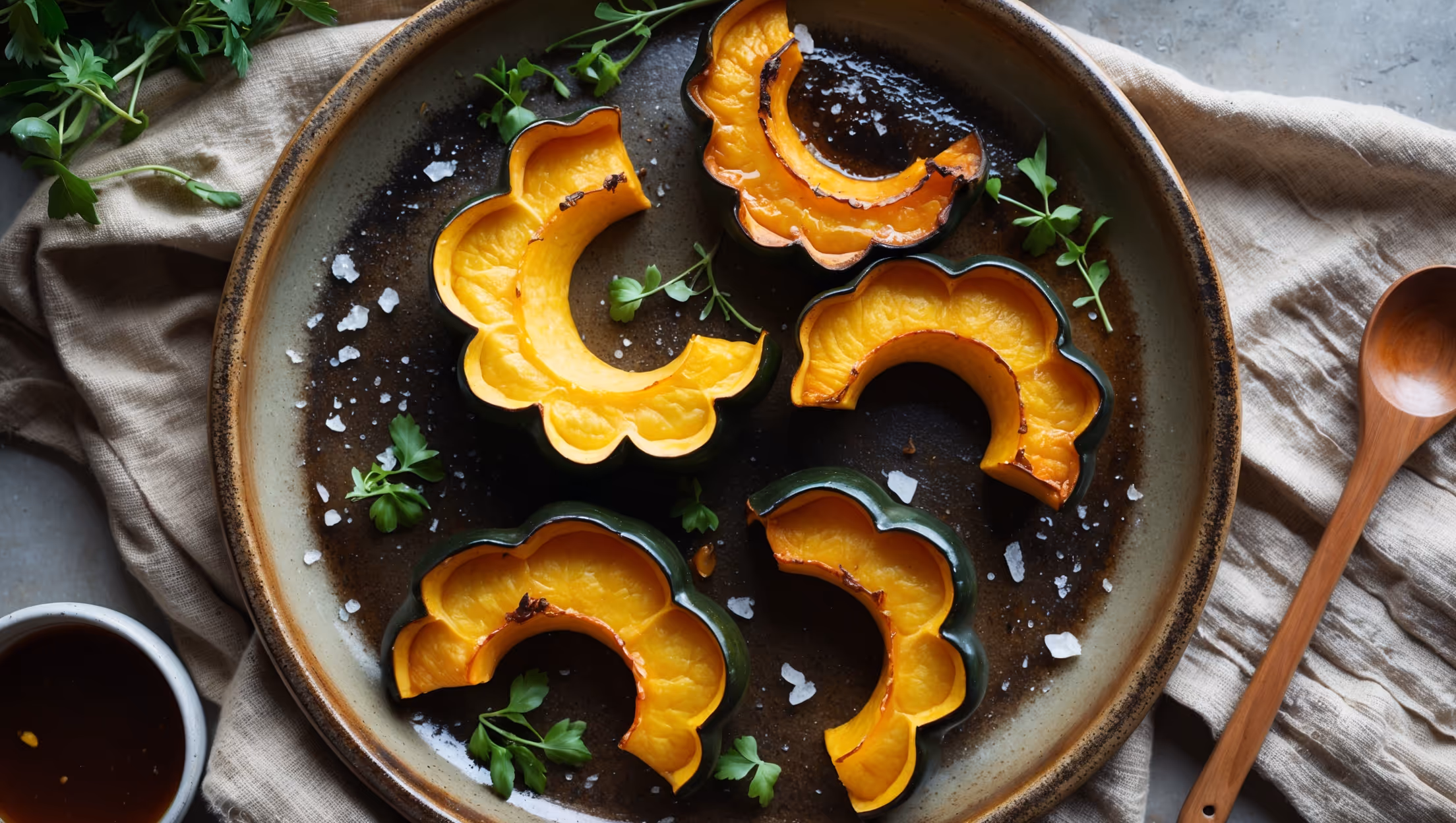 An overhead shot of golden-brown delicata squash crescents arranged artfully on a rustic ceramic platter, their caramelized edges glistening under soft natural light. The roasted squash reveals its distinctive scalloped edges and tender flesh contrasting beautifully with the crispy, slightly charred skin. Scattered fresh herbs provide bursts of vibrant green against the amber squash, while flakes of sea salt catch the light. The composition includes a small bowl of maple glaze and a wooden serving spoon nearby, all set against a textured linen tablecloth that complements the earthy tones of this simple yet elegant autumn dish.