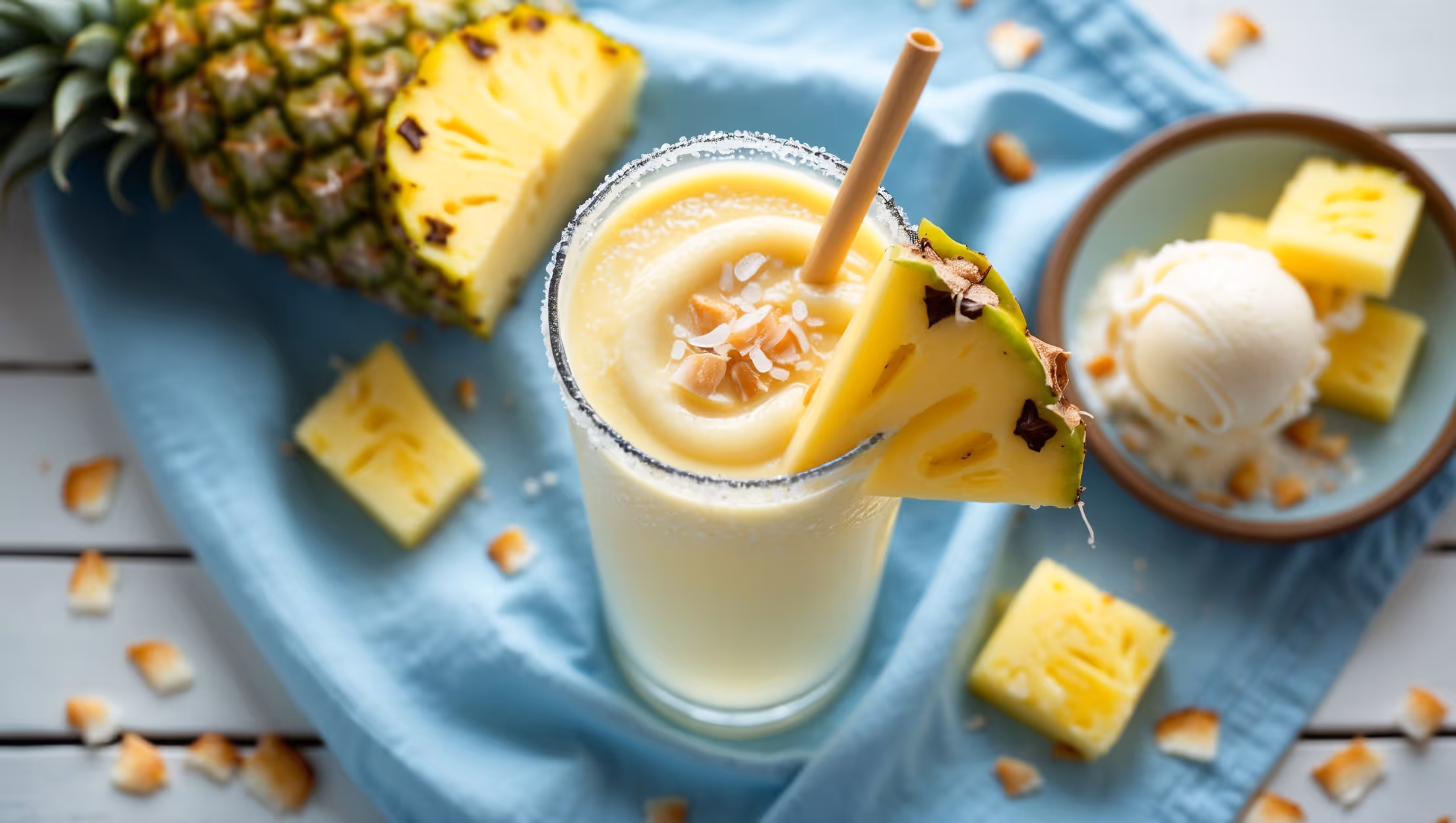 An overhead shot captures a tall, frosted glass filled with a pale yellow smoothie, its creamy texture visible through the clear glass. Tiny beads of condensation glisten in soft natural light, highlighting the drink's refreshing appeal. A cross-section view reveals swirls of vanilla and pineapple, while a wooden straw stands at attention. The smoothie is garnished with a fresh pineapple wedge and a light sprinkle of toasted coconut flakes. Surrounding the glass are scattered chunks of fresh pineapple and a small bowl of vanilla bean ice cream, hinting at the creamsicle inspiration. The scene is set on a light blue linen against a whitewashed wooden table, evoking a beachside atmosphere that complements the tropical flavors.