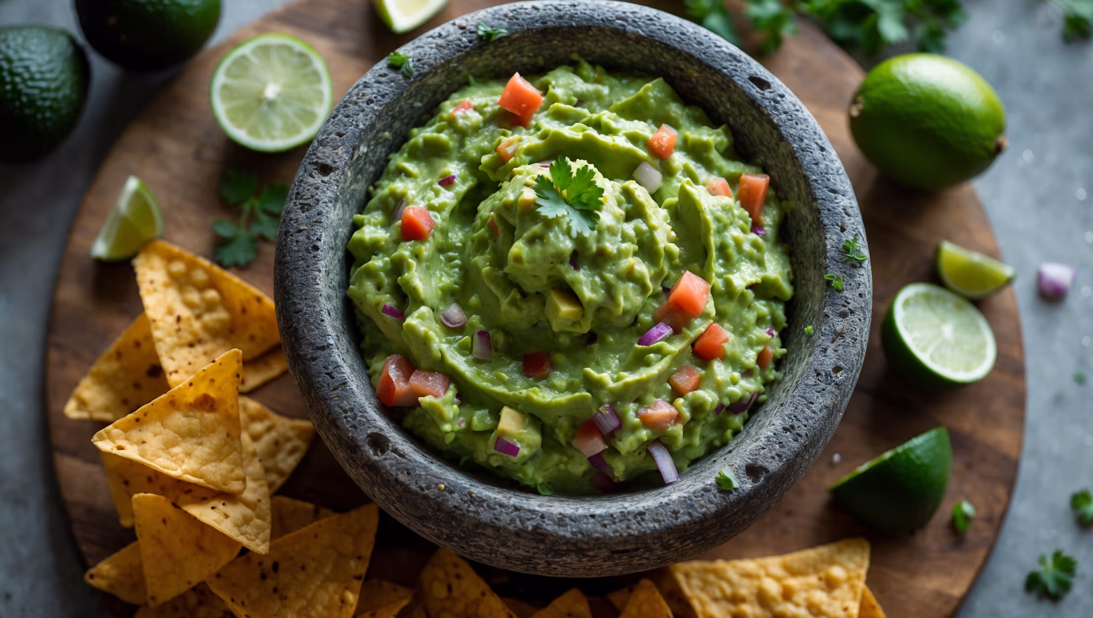 An overhead shot of vibrant green guacamole served in a traditional molcajete stone bowl, its creamy texture punctuated with visible chunks of avocado and flecks of red tomato and purple onion. Soft natural light highlights the varied textures while scattered lime wedges, cilantro sprigs, and a few whole avocados create visual context. A wooden board beneath holds colorful tortilla chips arranged in a fan pattern, some already dipped into the guacamole, showcasing its perfect scoopable consistency. Tiny droplets of lime juice glisten on the surface, emphasizing the freshness of this classic Mexican dip.