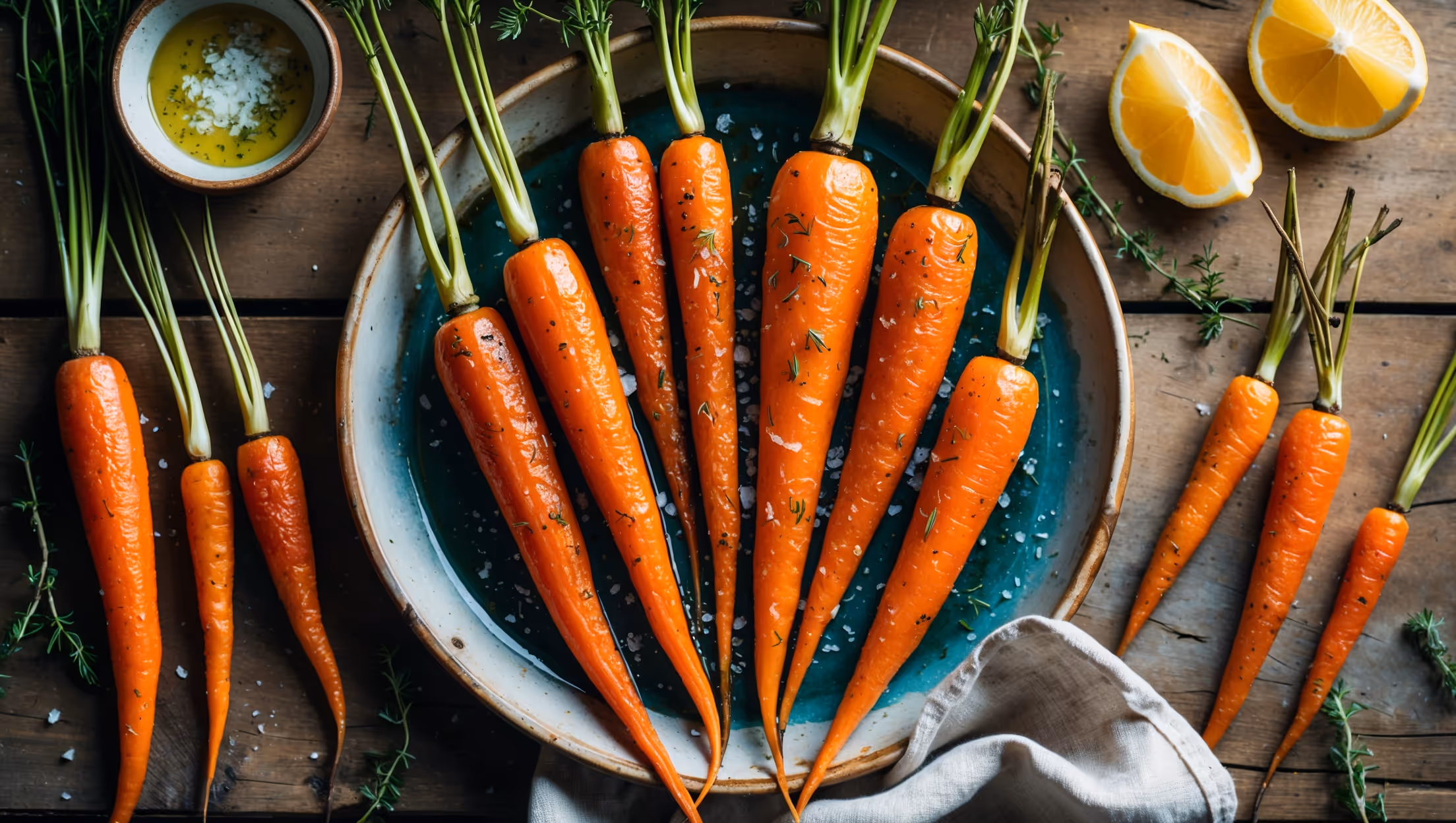 Overhead shot of vibrant orange roasted carrots arranged on a rustic ceramic platter, their surfaces glistening with olive oil and flecked with fresh herbs. The carrots show beautifully caramelized edges contrasting with their bright interiors, captured in natural window light that highlights their glossy sheen. A sprinkle of flaky sea salt is visible on top, while a few thyme sprigs and lemon wedges frame the composition. The background features a weathered wooden table with a linen napkin, creating a warm, inviting atmosphere that emphasizes the homemade comfort of these perfectly roasted vegetables.