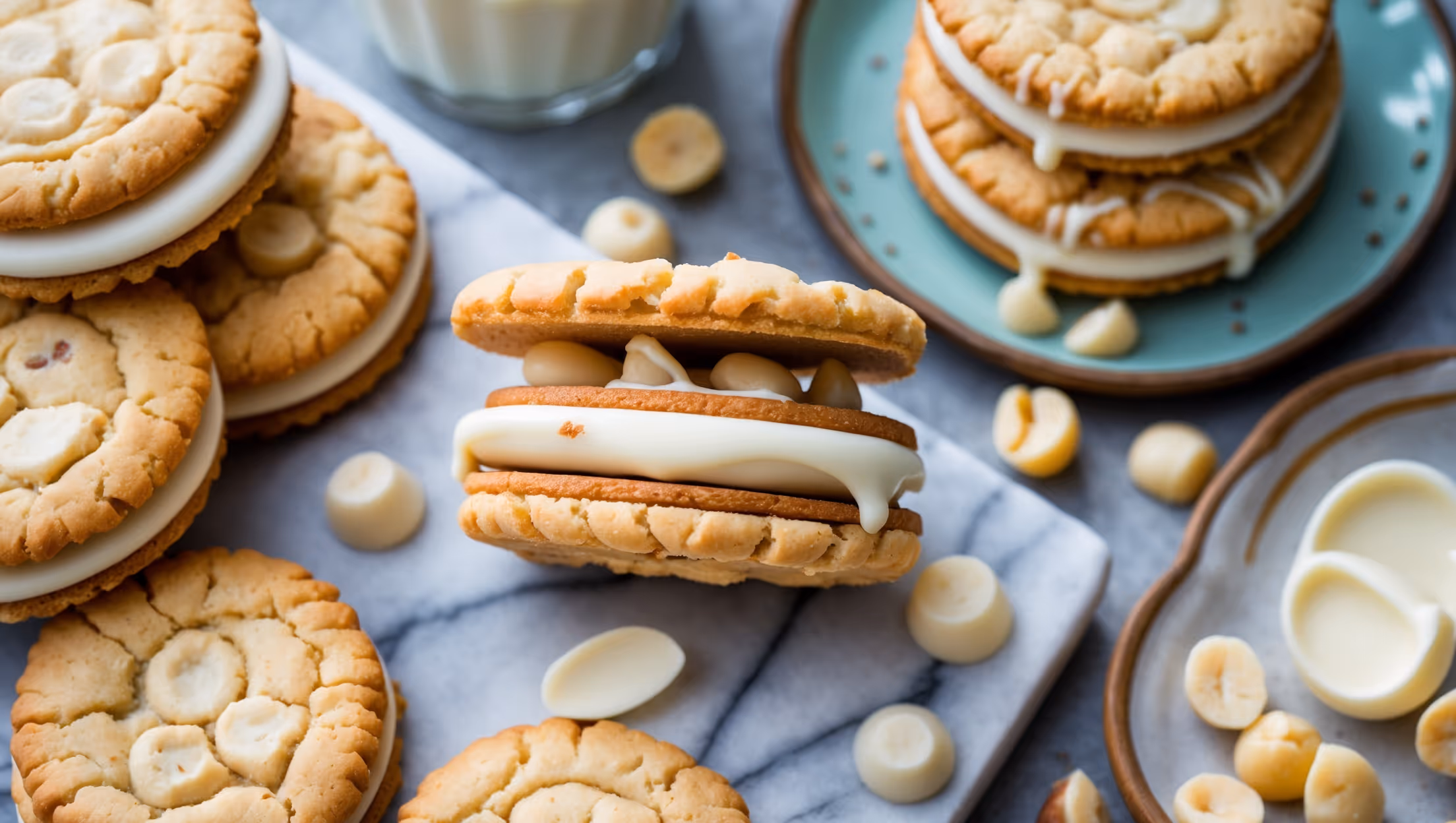 An overhead shot of perfectly golden White Chocolate Macadamia Sandwich Cookies arranged in a casual spiral on a marble pastry slab. A cross-section view reveals the thick, luscious white chocolate filling studded with chopped macadamias sandwiched between two crisp-yet-tender cookies. Soft natural light highlights the cookies' slightly crackled tops and visible macadamia chunks. In the background, a beautiful ceramic plate holds a stack of three cookies with white chocolate drizzles cascading down the sides. Scattered macadamia nuts and white chocolate pieces surround the composition, while a glass of milk sits partially in frame, suggesting the perfect pairing.