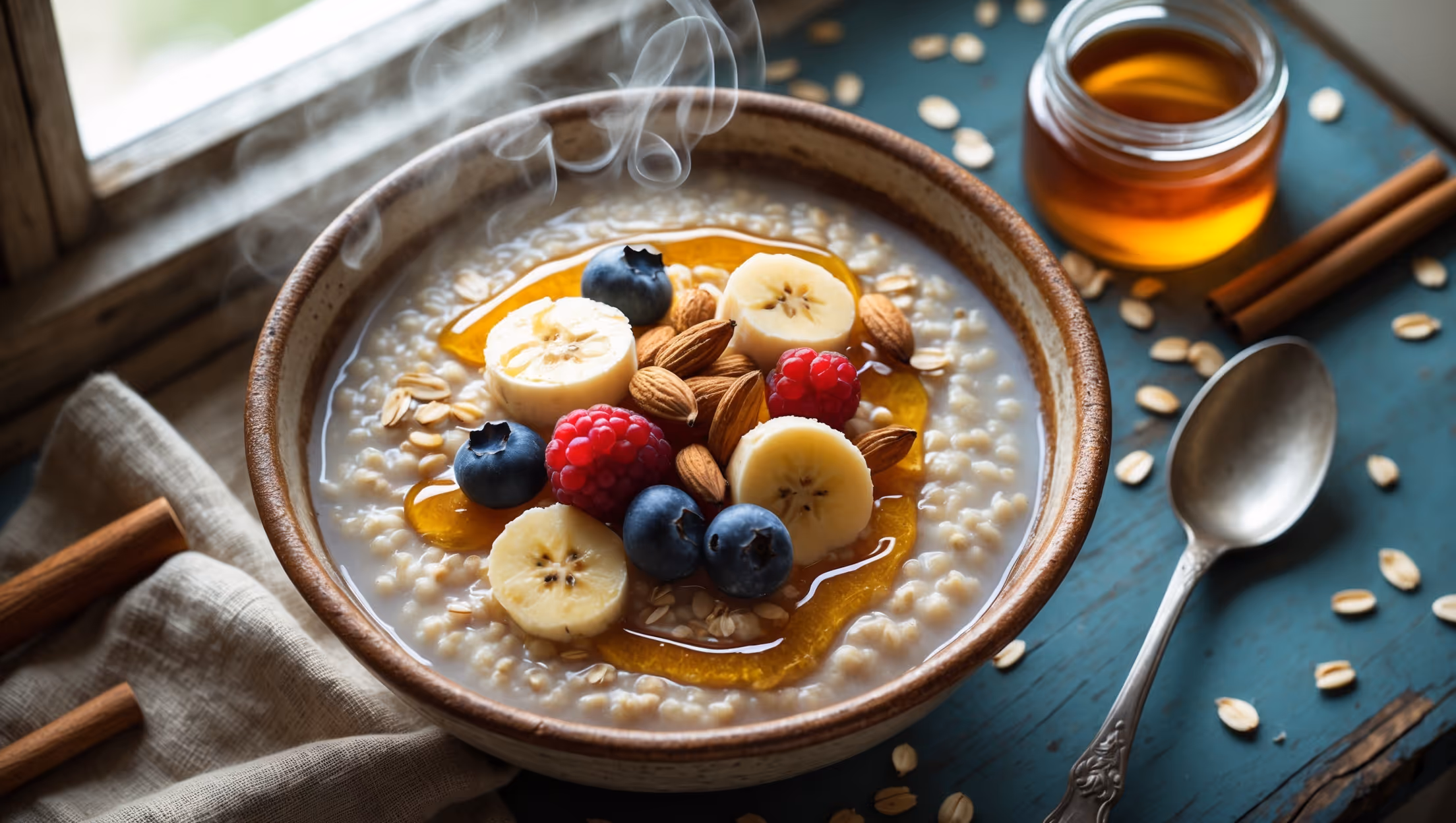 An overhead shot of a rustic ceramic bowl filled with steaming whole oat porridge, bathed in soft morning light streaming through a kitchen window. The creamy oats display a luxurious texture with visible oat grains and are topped with a colorful array of fresh berries, sliced bananas, toasted almonds, and a drizzle of amber honey that pools slightly at the edges. A vintage silver spoon rests against the side of the bowl, while scattered cinnamon sticks, whole oats, and a small jar of honey create a thoughtful composition on a weathered wooden table. Steam visibly rises from the porridge, suggesting its comforting warmth against the cozy breakfast setting.