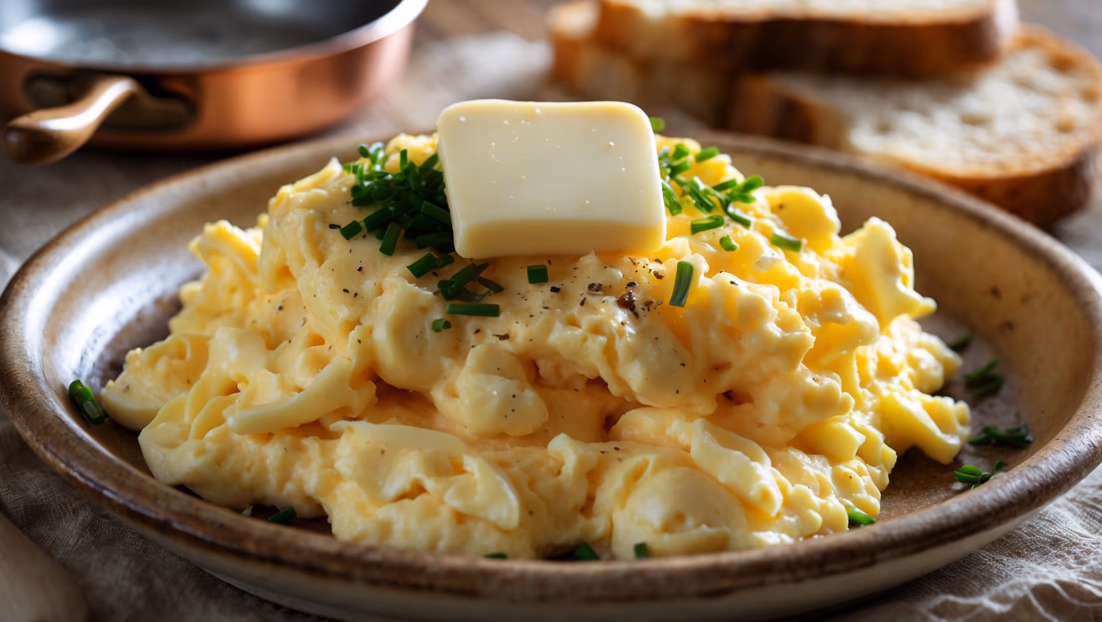 A close-up of velvety scrambled eggs piled on a rustic ceramic plate, with soft natural morning light streaming across the scene. The eggs display a perfect range of yellow tones from pale butter to golden, with visible soft curds that show their moist, tender texture. A pat of melting butter sits atop the mound, with a sprinkle of freshly chopped chives and cracked black pepper adding vibrant color contrast. In the background, slightly blurred, sits a slice of toasted sourdough bread and a small copper pan with a wooden handle, suggesting the eggs' fresh-from-the-stove appeal.