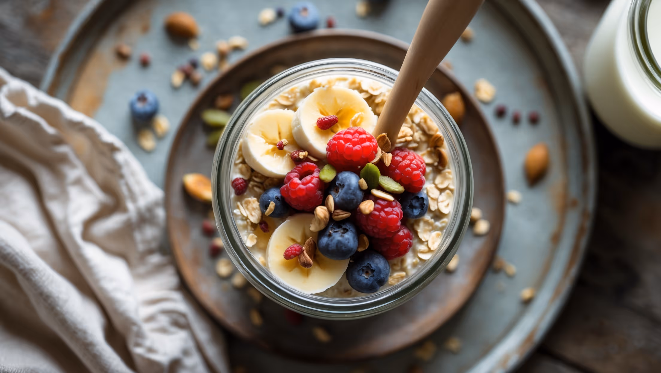 An overhead shot of a mason jar filled with perfectly set overnight oats, the layers clearly visible through the glass. A wooden spoon rests against the rim, ready to dive in. Soft morning light streams across the scene, highlighting the varied textures of the oats topped with a vibrant array of fresh berries, sliced bananas, and a drizzle of golden honey. Scattered nuts and seeds create appealing color contrasts against the creamy oat base, while a small pot of yogurt and bottle of milk sit partially in frame, suggesting the simple preparation method. The entire arrangement sits on a weathered wooden breakfast tray with a folded linen napkin, conveying that perfect moment of tranquil morning nourishment.