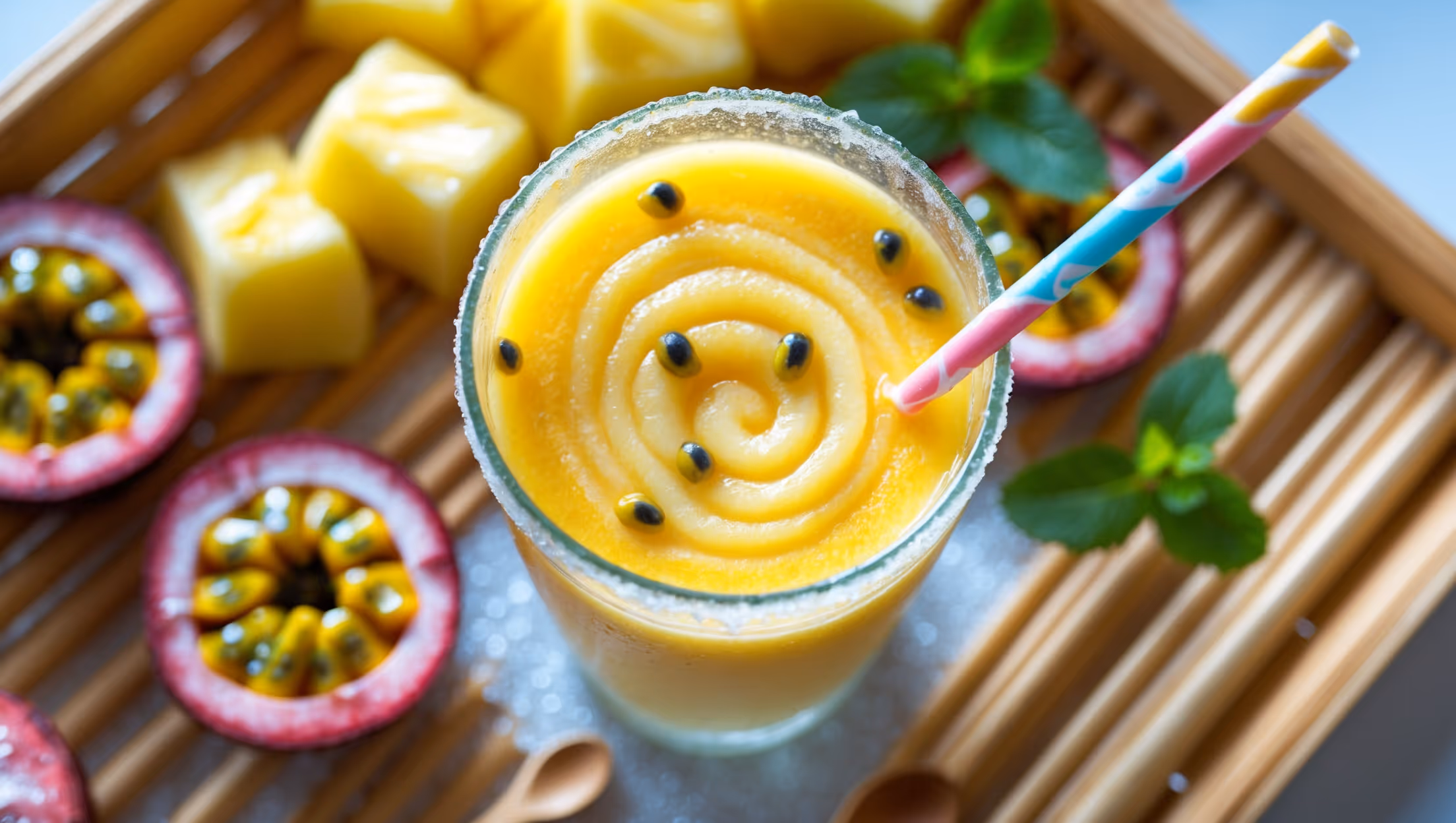 An overhead shot of a tall, frosted glass filled with a vibrant yellow-orange smoothie, showcasing its silky texture with a subtle swirl pattern on top. A cross-section view reveals tiny passion fruit seeds suspended throughout. Bathed in soft morning light, the smoothie sits on a light bamboo tray alongside fresh pineapple chunks, halved passion fruits, and scattered mint leaves. Condensation beads on the glass catch the light, emphasizing the drink's refreshing nature. A colorful paper straw and tiny wooden spoon rest against the glass, with a fine dusting of coconut flakes visible on the rim.