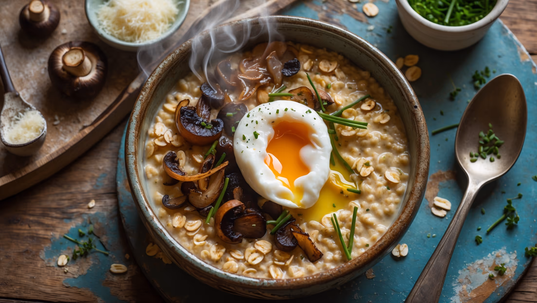 Overhead shot of a rustic ceramic bowl filled with creamy savory oatmeal, where pearls of steel-cut oats glisten with a drizzle of olive oil. A perfectly poached egg rests atop the oatmeal, its yolk just beginning to break and cascade down. Scattered around are golden-brown caramelized onions, sautéed mushrooms with visible browned edges, and vibrant green flecks of chives. The warm morning light catches the steam rising from the bowl, positioned on a weathered wooden table alongside a vintage spoon and scattered fresh herbs. A small ramekin of grated Parmesan cheese sits nearby, ready for sprinkling.