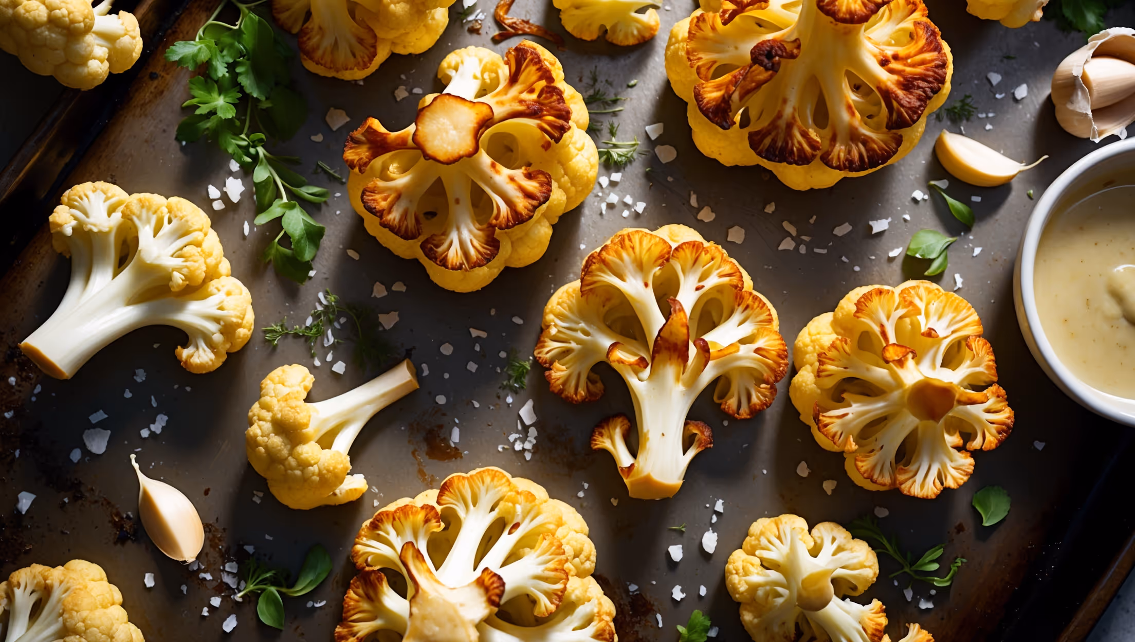 An overhead shot of golden-brown roasted cauliflower florets arranged on a rustic sheet pan, their edges crispy and caramelized to perfection. The warm, directional light from a nearby window highlights the varying textures—from the charred, crispy edges to the tender, creamy interiors. Scattered fresh herbs add vibrant green accents against the amber-colored cauliflower, while flakes of sea salt catch the light. A small ramekin of tahini dressing sits nearby, its creamy consistency suggesting the perfect pairing. The composition is complemented by scattered whole garlic cloves, their papery skins partially peeled back to reveal the mellowed, honey-colored interiors.