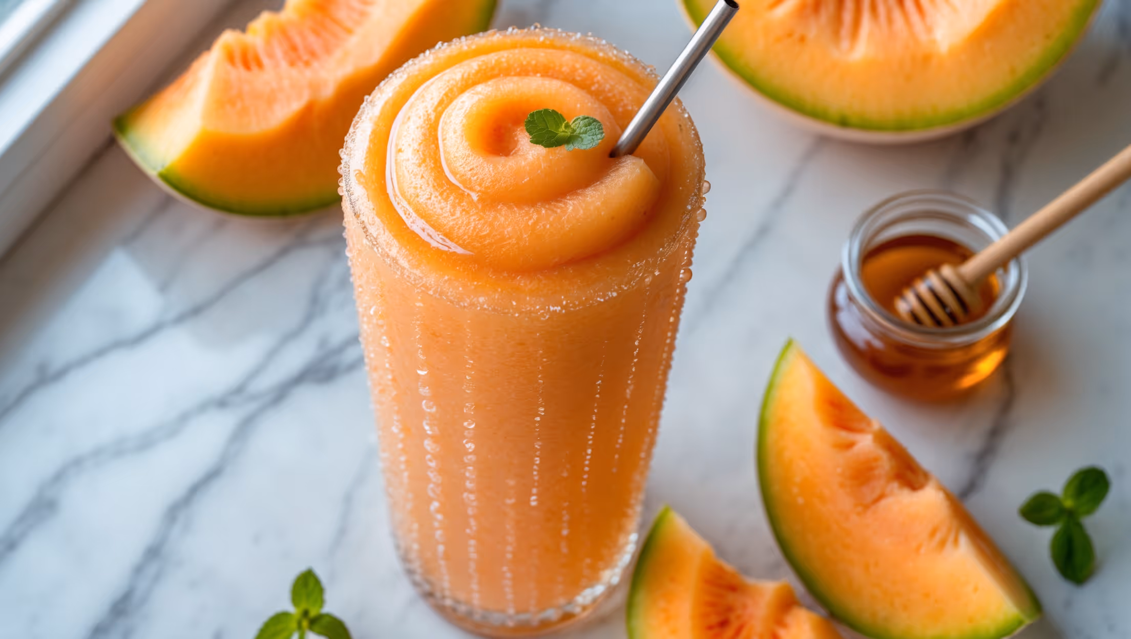 An overhead shot of a tall, frosty glass filled with a vibrant orange-peach colored smoothie, showcasing its silky texture. The glass, beaded with condensation, sits on a light marble countertop beside fresh cantaloupe wedges and a small jar of honey. A stainless steel straw emerges from the frothy top, which is garnished with a small mint sprig. Natural window light creates a bright, airy atmosphere, highlighting the smoothie's creamy consistency and the juicy cantaloupe chunks placed artfully around the base of the glass.