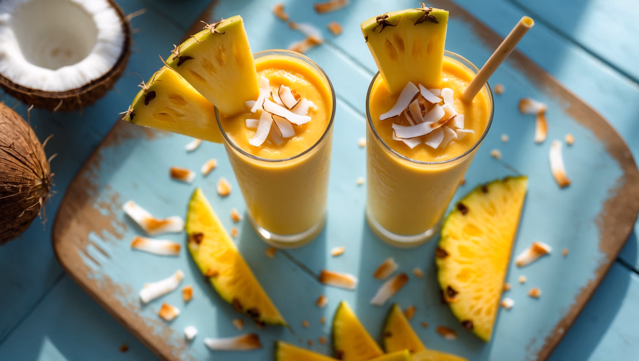 An overhead shot of two tall smoothie glasses filled with a vibrant yellow-orange smoothie, garnished with fresh pineapple wedges and thinly sliced mango. The smoothie's surface shows delicate swirls of coconut cream and a light dusting of toasted coconut flakes. A bamboo straw protrudes from each glass, placed on a weathered light blue wooden board. Natural sunlight streams in from the side, highlighting the golden hue of the smoothie while coconut halves and freshly cut tropical fruits scatter artfully around the base of the glasses, suggesting the fresh ingredients within.
