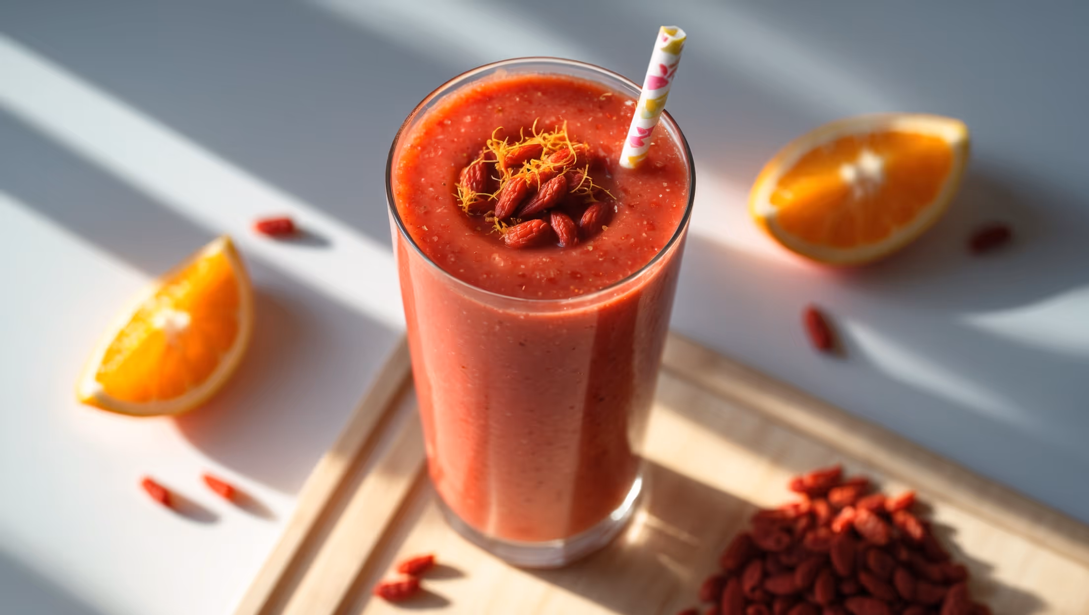 An overhead shot of a tall glass filled with a vivid orange-red smoothie, showcasing its silky texture with tiny flecks of rehydrated goji berries throughout. The glass sits on a light wooden board beside scattered fresh orange segments and a small pile of dried goji berries. Soft natural light highlights the smoothie's jewel-like color and creates a subtle shadow pattern across the surface. A colorful paper straw tilts against the rim, and a light sprinkle of orange zest decorates the top, adding textural interest and emphasizing the fresh citrus component in this vitamin-packed beverage.