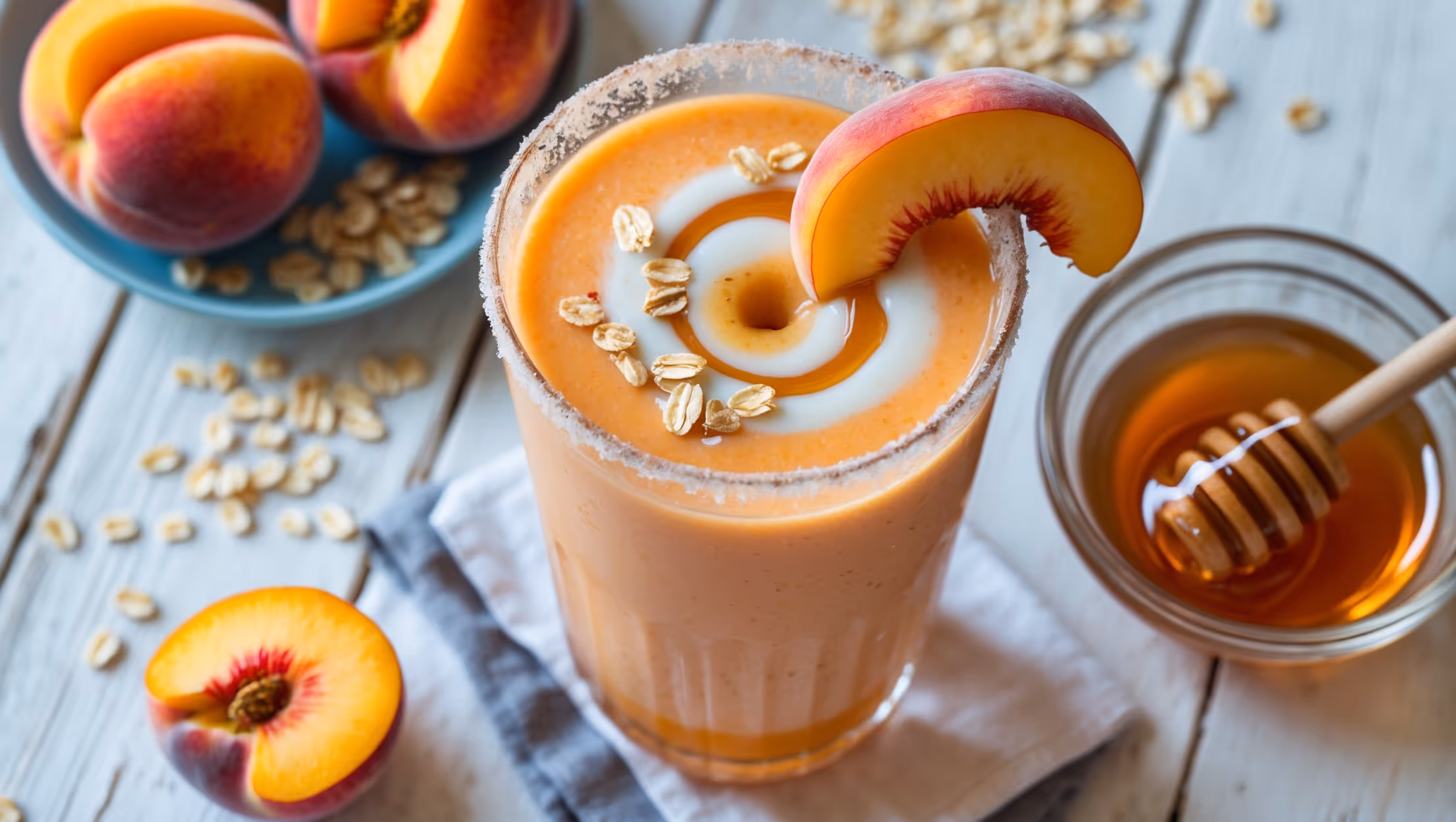 An overhead shot of a frost-kissed glass filled with a peachy-orange smoothie that graduates to a creamy top layer, with a swirl of honey visible through the glass. Positioned on a whitewashed wooden table bathed in soft morning light, the smoothie is garnished with a fresh peach slice perched on the rim and a sprinkle of rolled oats. Beside the glass sits a small bowl of sliced peaches and a jar of honey with a wooden dipper, creating a breakfast scene that evokes freshness and simplicity.