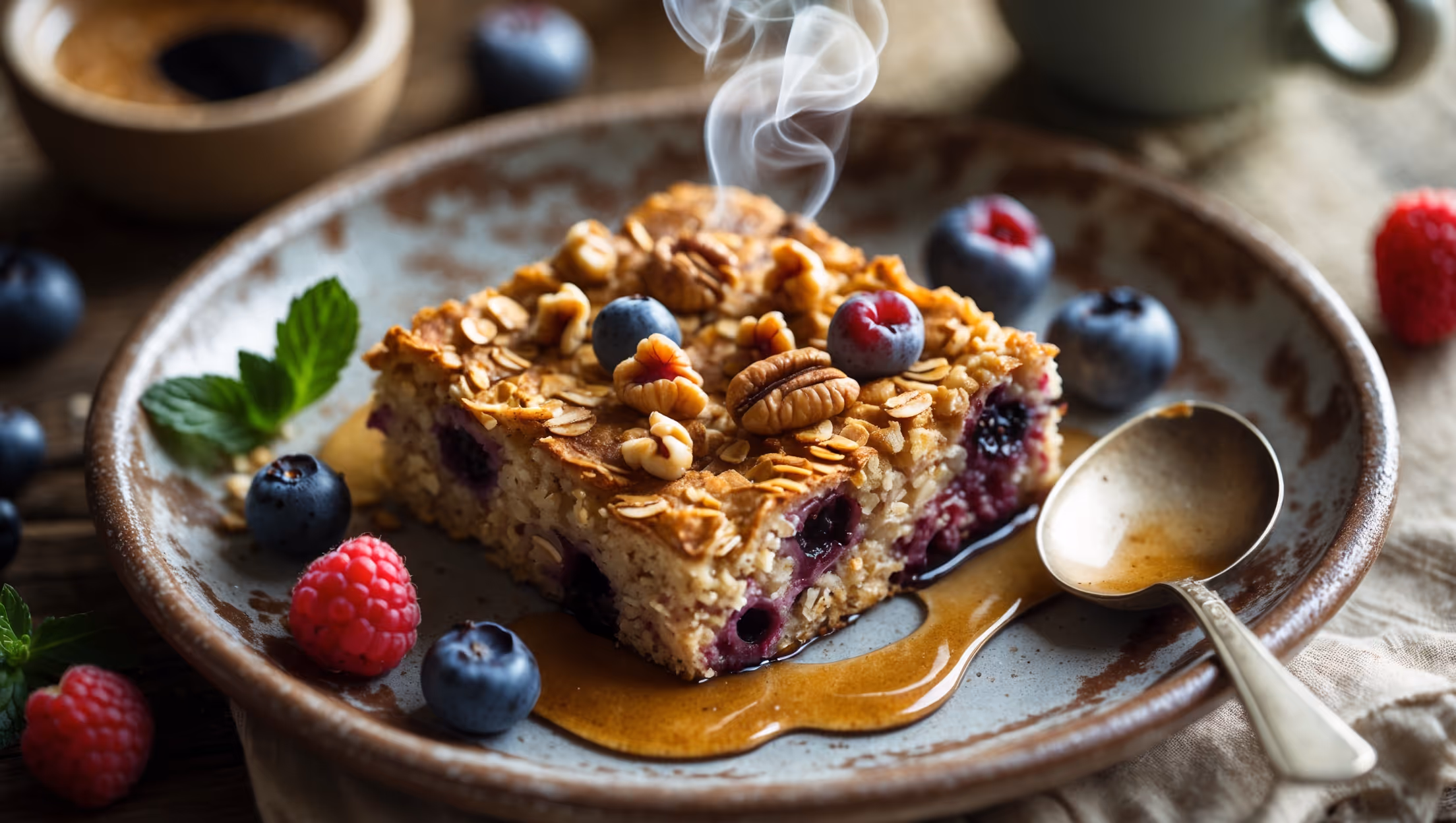 An overhead shot of a golden-brown baked oatmeal square sitting on a rustic ceramic plate, steam gently rising in the soft morning light. The cross-section reveals a moist interior studded with vibrant berries and toasted nuts, their colors contrasting beautifully with the warm oat base. A drizzle of maple syrup cascades down the side, pooling slightly on the plate, while a vintage spoon rests nearby. Fresh berries and a sprig of mint are scattered artfully around the plate, with a mug of coffee visible slightly blurred in the background, suggesting a perfect breakfast moment.