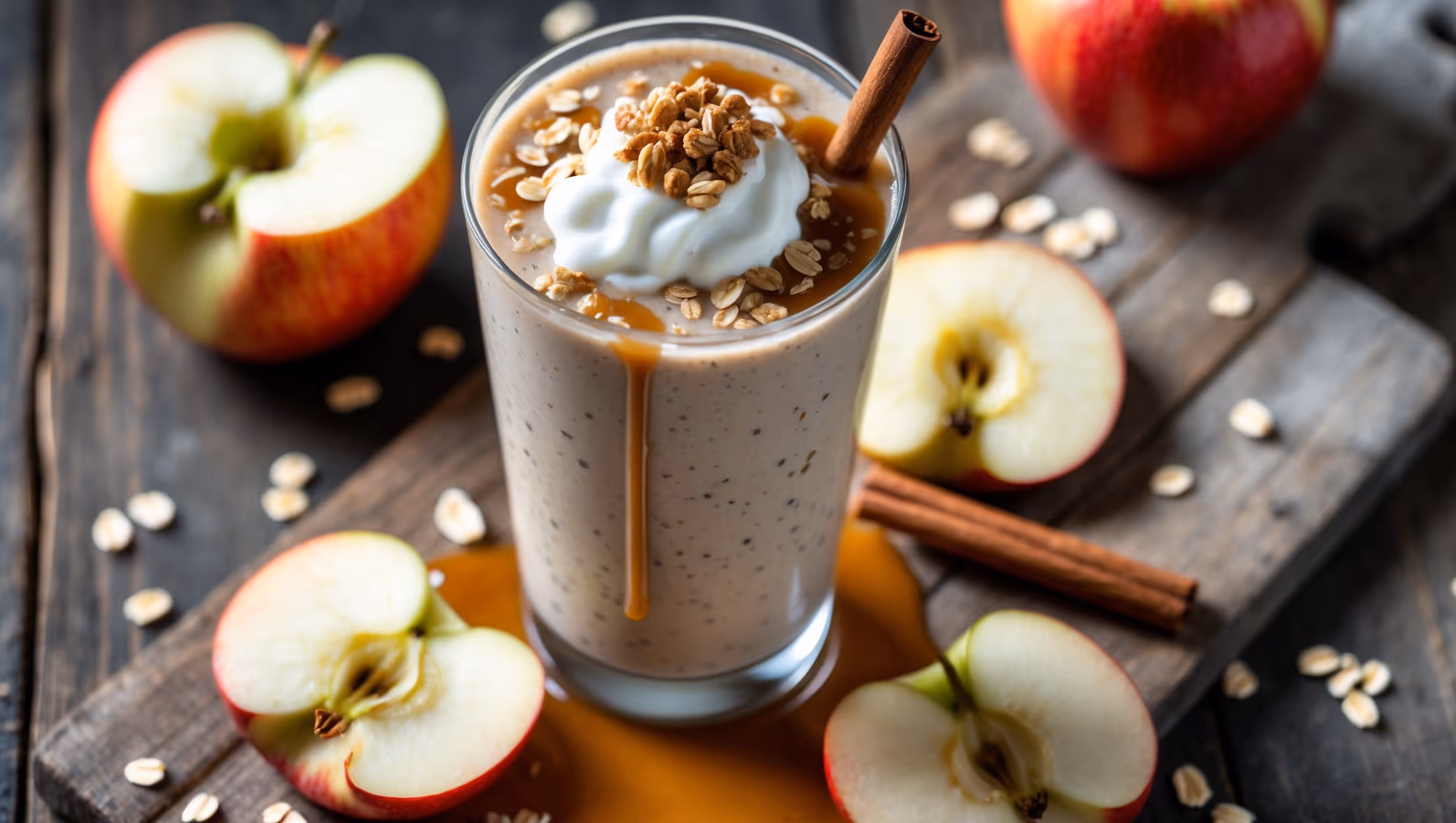 An overhead shot of a tall glass filled with a creamy light beige smoothie speckled with tiny flecks of cinnamon and oats. The glass sits on a rustic wooden board with a red apple sliced beside it, revealing its crisp interior. Natural light streams across the scene, highlighting the drizzle of caramel sauce cascading down the inside of the glass. The smoothie is topped with a dollop of Greek yogurt, a sprinkle of crunchy granola, and a small cinnamon stick garnish. Scattered oats and apple slices create a thoughtful composition that emphasizes the "deconstructed" apple crisp concept.
