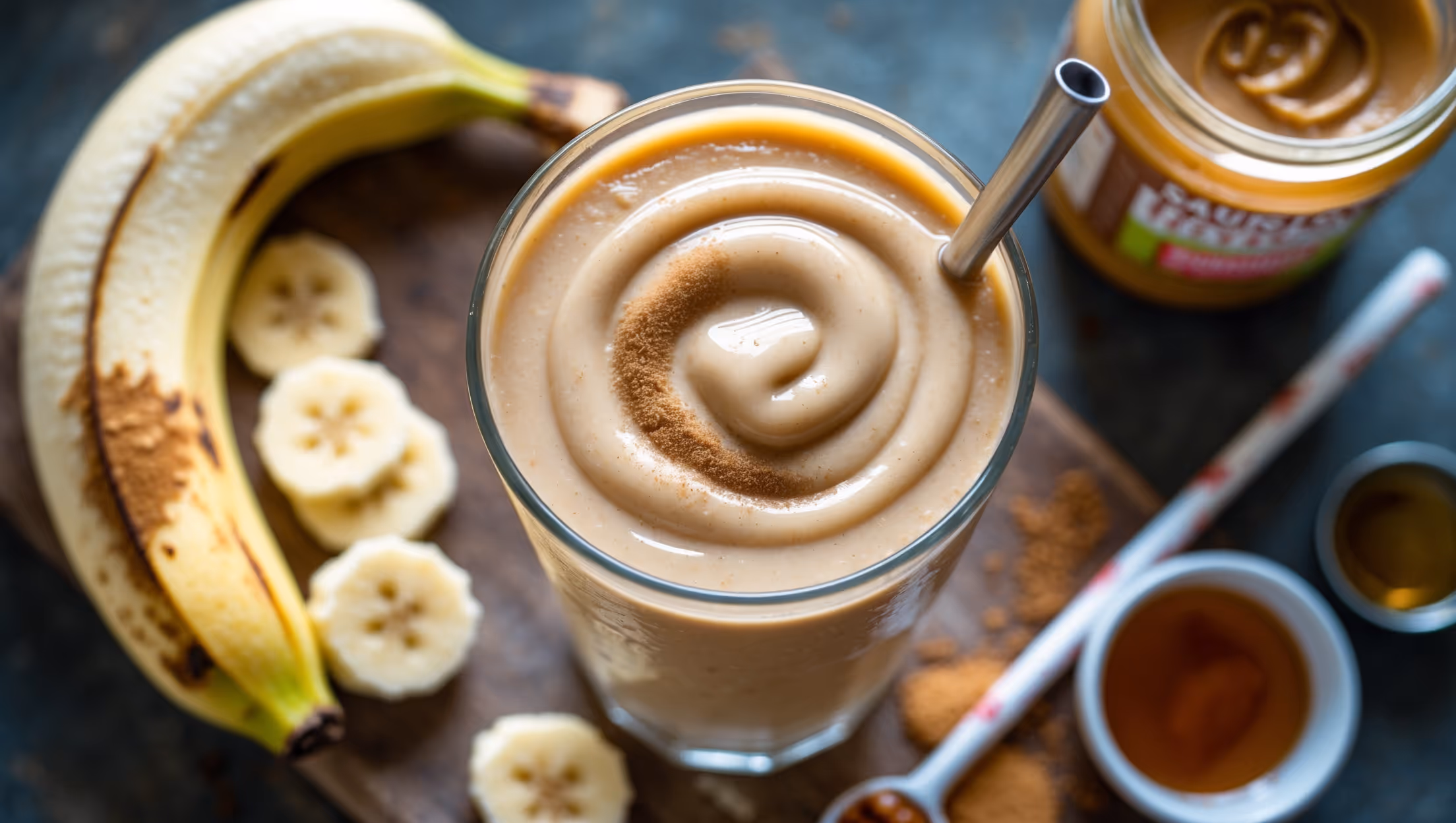 An overhead shot of a tall glass filled with a thick, creamy peanut butter banana smoothie, its surface showing gentle swirls where a spoon has been drawn through it. Soft natural light streams in from the side, highlighting the smooth, velvety texture and warm beige-golden color. The glass sits on a rustic wooden board alongside scattered ingredients - sliced bananas, a jar of natural peanut butter with its lid partially off, and a small pot of honey with a drizzler. A reusable straw tilts against the glass, and a light dusting of cinnamon creates an appealing contrast against the pale smoothie surface.