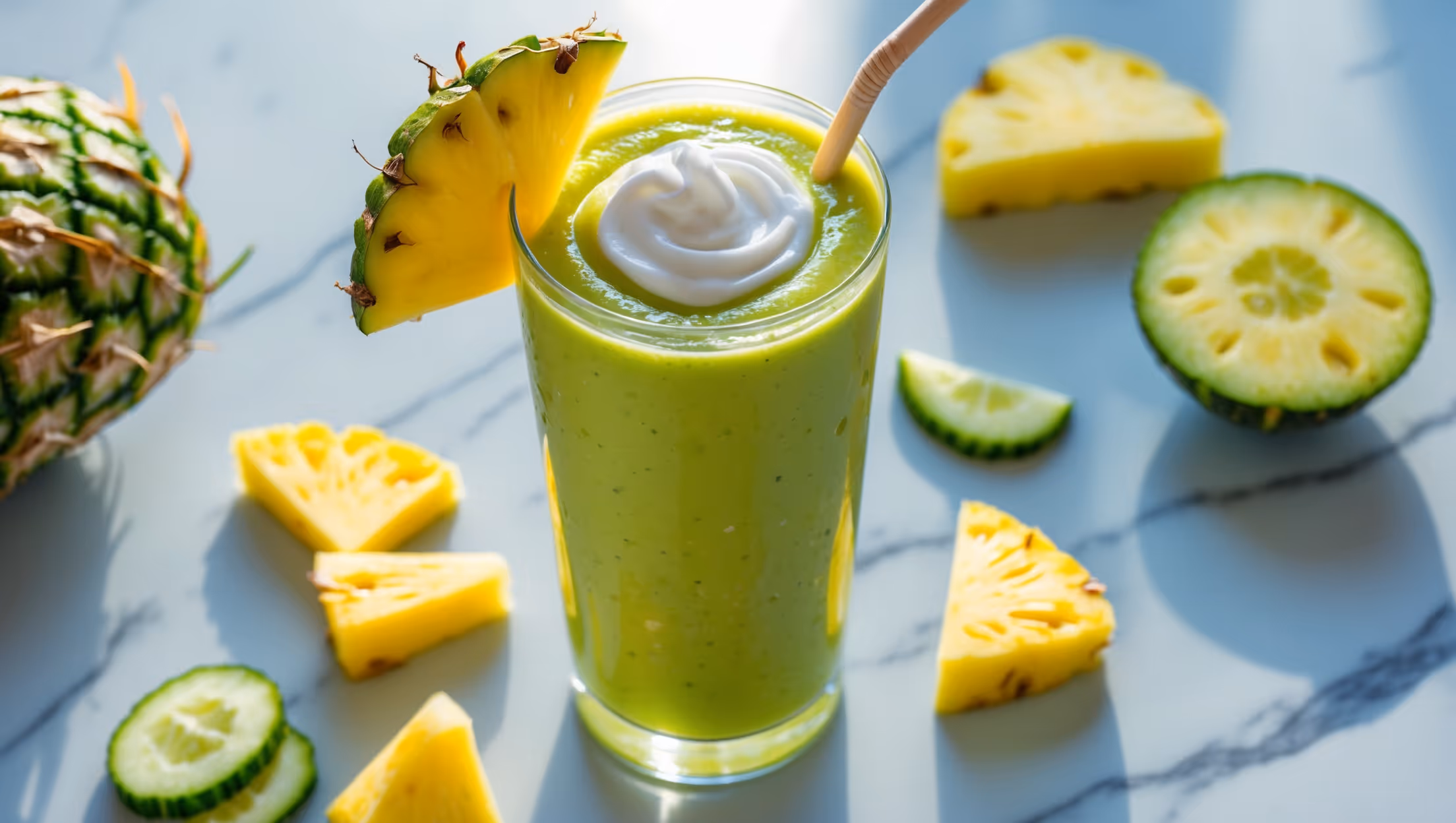 An overhead shot of a tall glass filled with bright yellow-green smoothie, topped with a swirl of coconut cream and garnished with a small wedge of fresh pineapple and cucumber slice on the rim. The smoothie's texture appears silky and thick, with tiny flecks of green visible throughout. Set against a light blue backdrop on a white marble counter, with scattered fresh pineapple chunks and cucumber slices artfully arranged nearby. A wooden straw stands in the glass, and morning sunlight streams across the scene, highlighting the smoothie's vibrant color and glossy surface.