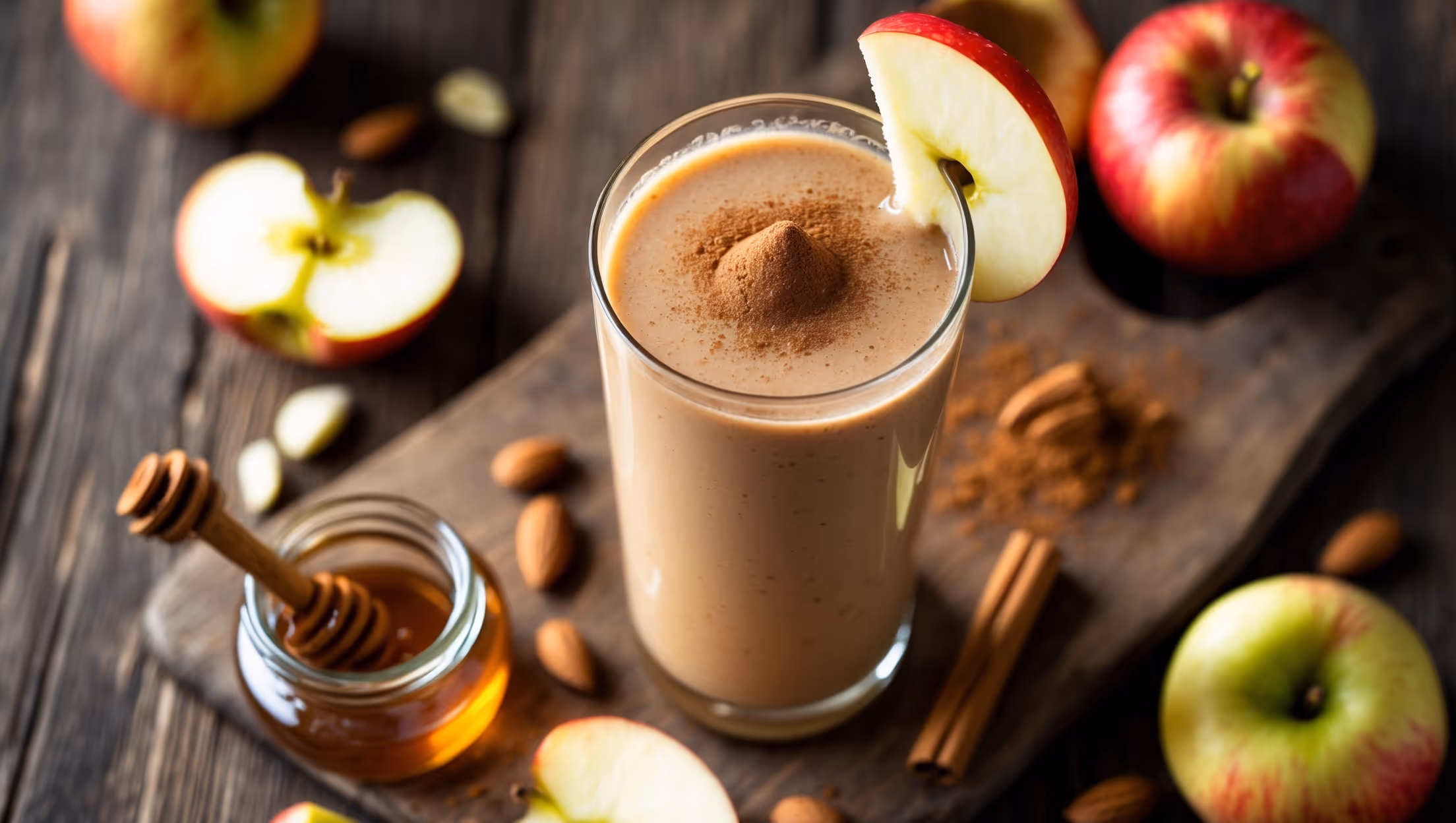 An overhead shot of a tall glass filled with a creamy, cinnamon-flecked smoothie in a warm caramel hue. Natural light streams across the scene, highlighting the silky texture and slight frothiness at the top. Surrounding the glass are fresh apple slices, a sprinkle of cinnamon, and a few scattered almonds on a rustic wooden board. A small jar of honey with a dipper and a cinnamon stick lean against the glass, suggesting the flavors within. The smoothie is garnished with a thin apple slice on the rim and a light dusting of cinnamon creating a beautiful contrast against the pale smoothie.