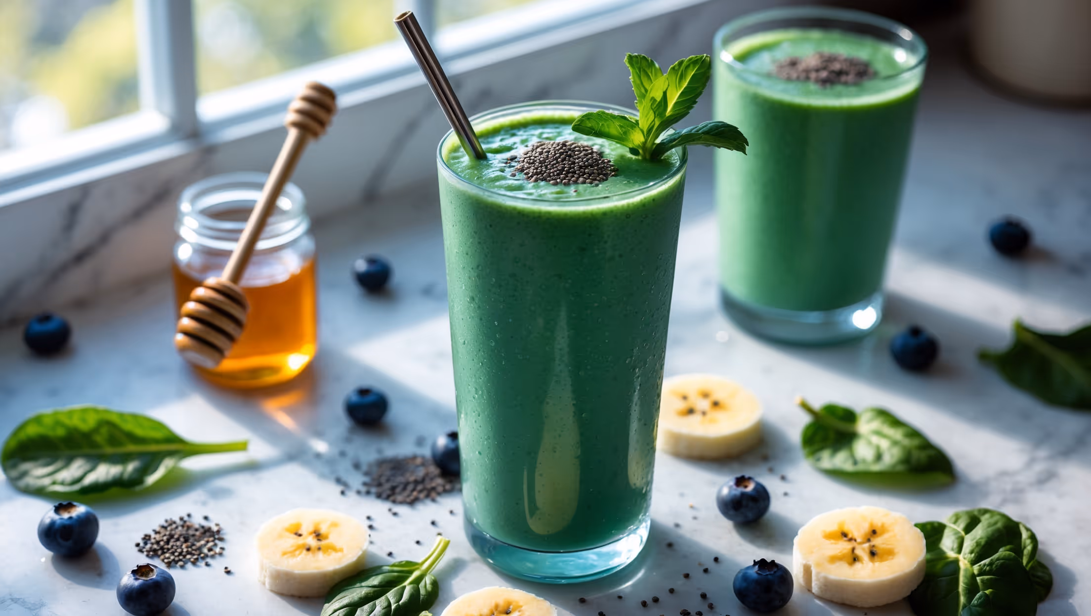 An overhead shot of a tall glass filled with a vibrant green-blue smoothie, its smooth texture catching the soft morning light streaming through kitchen windows. A metal straw emerges from the glass surrounded by scattered ingredients - fresh blueberries, banana slices, spinach leaves, and a sprinkle of chia seeds atop a light marble countertop. A small jar of honey with a wooden dipper sits nearby, while a second smoothie in the background shows the rich layering of colors. Condensation beads on the outside of the glass suggest refreshing coolness, with a mint sprig garnish adding a pop of deeper green against the smoothie's jewel-toned surface.