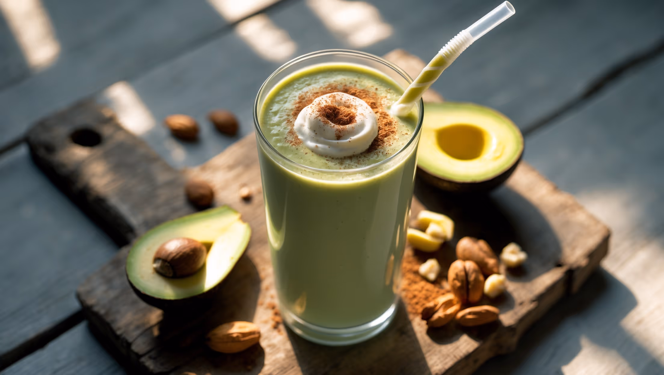 An overhead shot of a tall glass filled with a luscious pale green smoothie, its surface adorned with a small swirl of Greek yogurt and a light dusting of cinnamon. The glass sits on a weathered wooden board alongside sliced banana, avocado halves, and scattered nuts, capturing the raw ingredients in their natural form. Morning sunlight streams across the scene, highlighting the silky texture of the smoothie and creating gentle shadows that emphasize its creamy consistency. A reusable straw stands in the glass, with a few drops of smoothie visible on its exterior, suggesting the irresistible thickness of this nutritious blend.