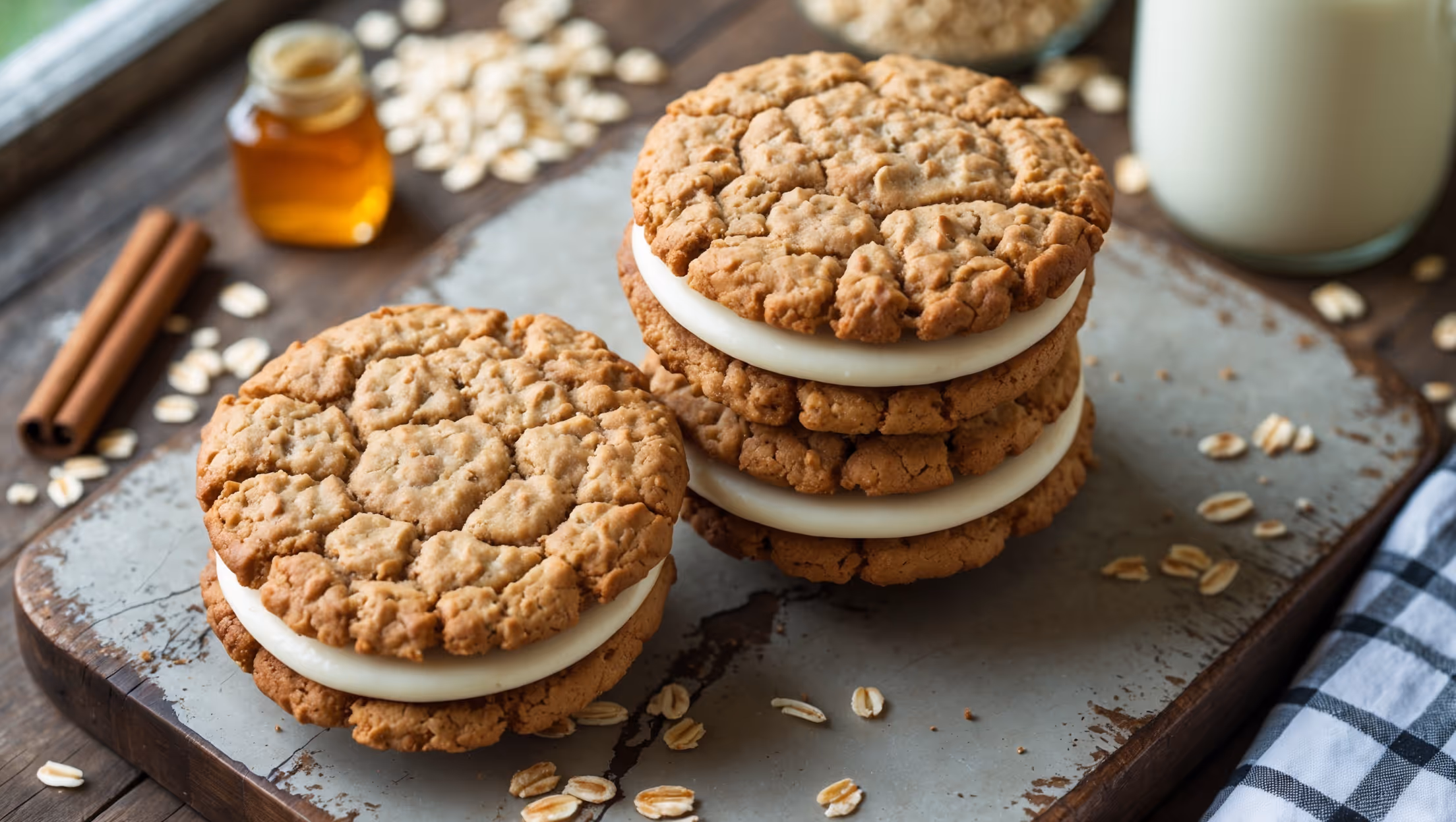 An overhead shot captures a stack of three oatmeal sandwich cookies on a weathered wooden board, with one cookie placed at an angle to reveal the creamy white filling. Soft natural light streams in from a nearby window, highlighting the golden-brown edges and cracks on the cookie surfaces. In the background, scattered oats, a small jar of honey, and cinnamon sticks create context, while a vintage milk bottle and checkered napkin add homestyle charm. A close-up reveals the hearty texture of the oatmeal cookies with visible speckles of cinnamon, contrasting beautifully with the smooth, pillowy cream cheese filling peeking from between the layers.